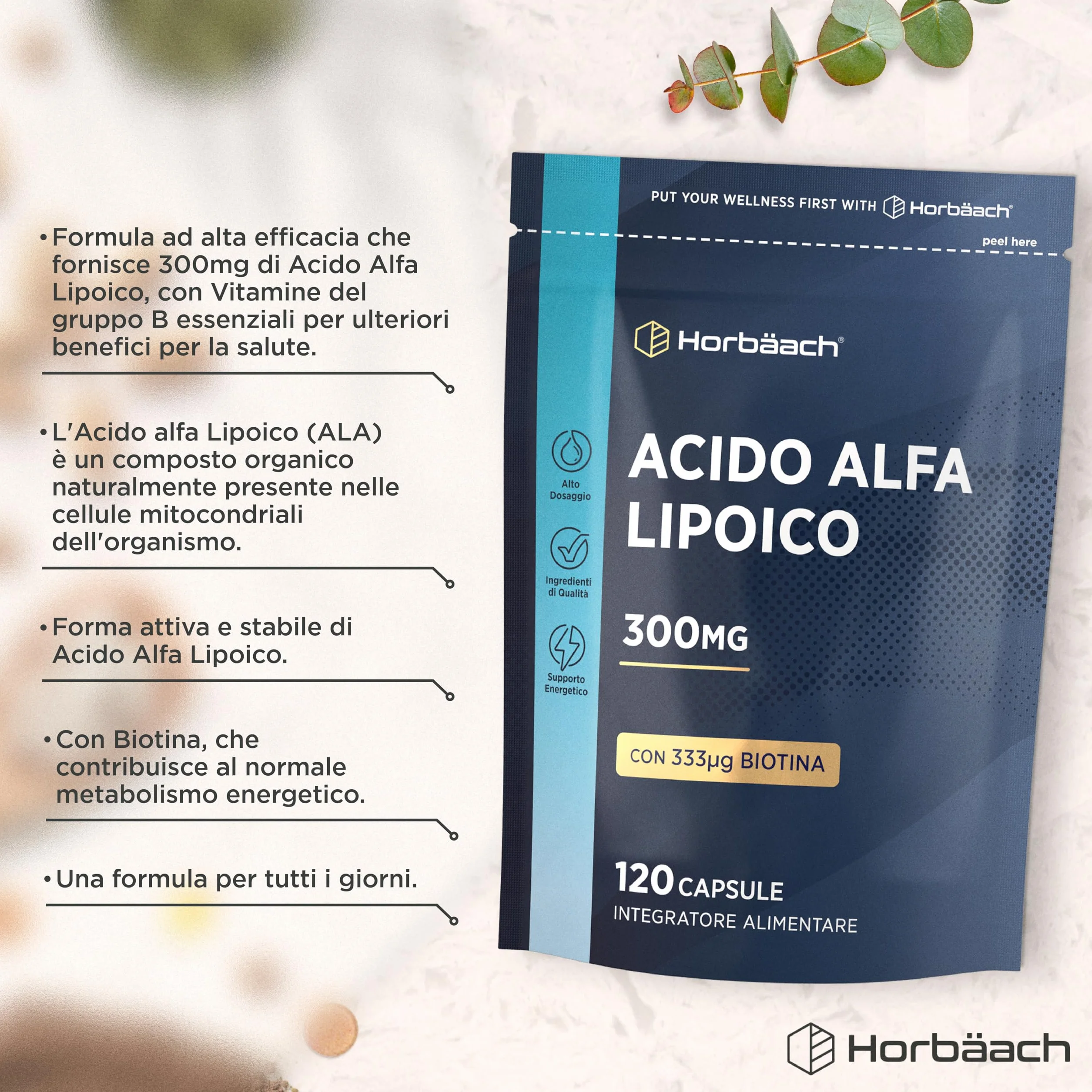 Horbaach Acido Alfa Lipoico 300ug Biotina 120 Capsule Alto Dosaggio Integratore Alimentare