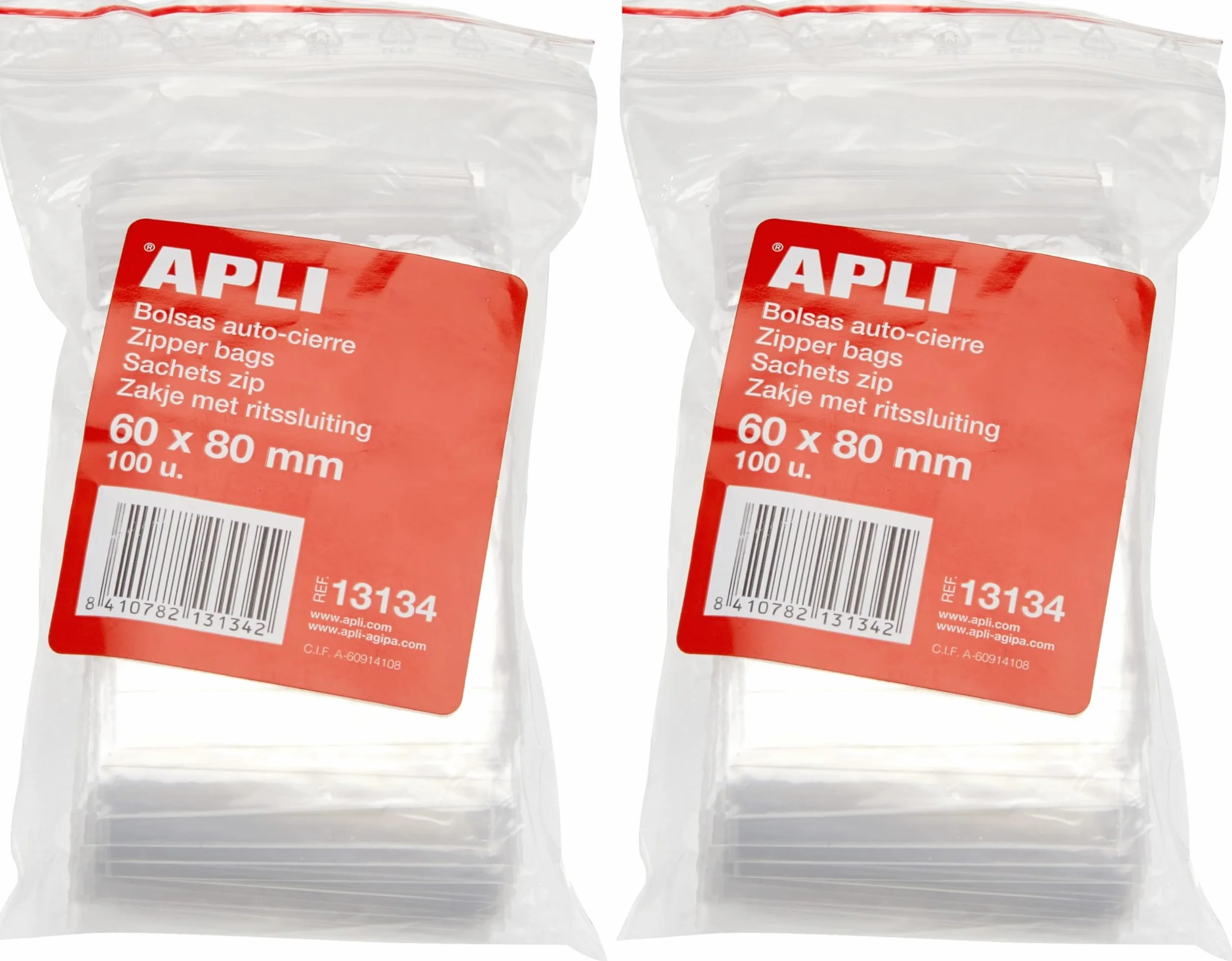 APLI - Confezione di 100 sacchetti di plastica richiudibili 60 x 80 mm (Confezione da 2)