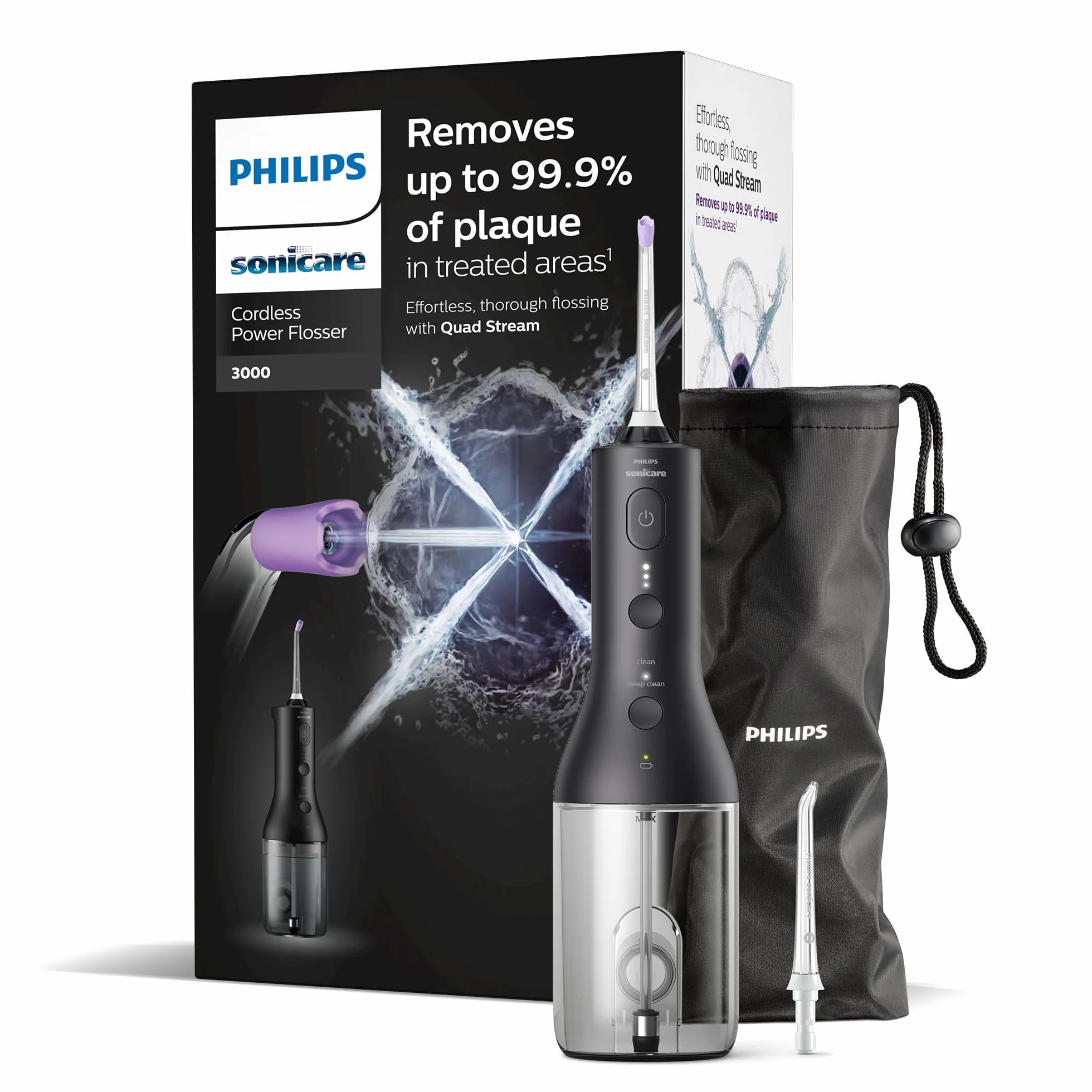 Philips Sonicare Irrigatore Orale Power Flosser 3000 cordless - Per denti e gengive - Nero modello HX3826/33, Sonicare 3000, Nero