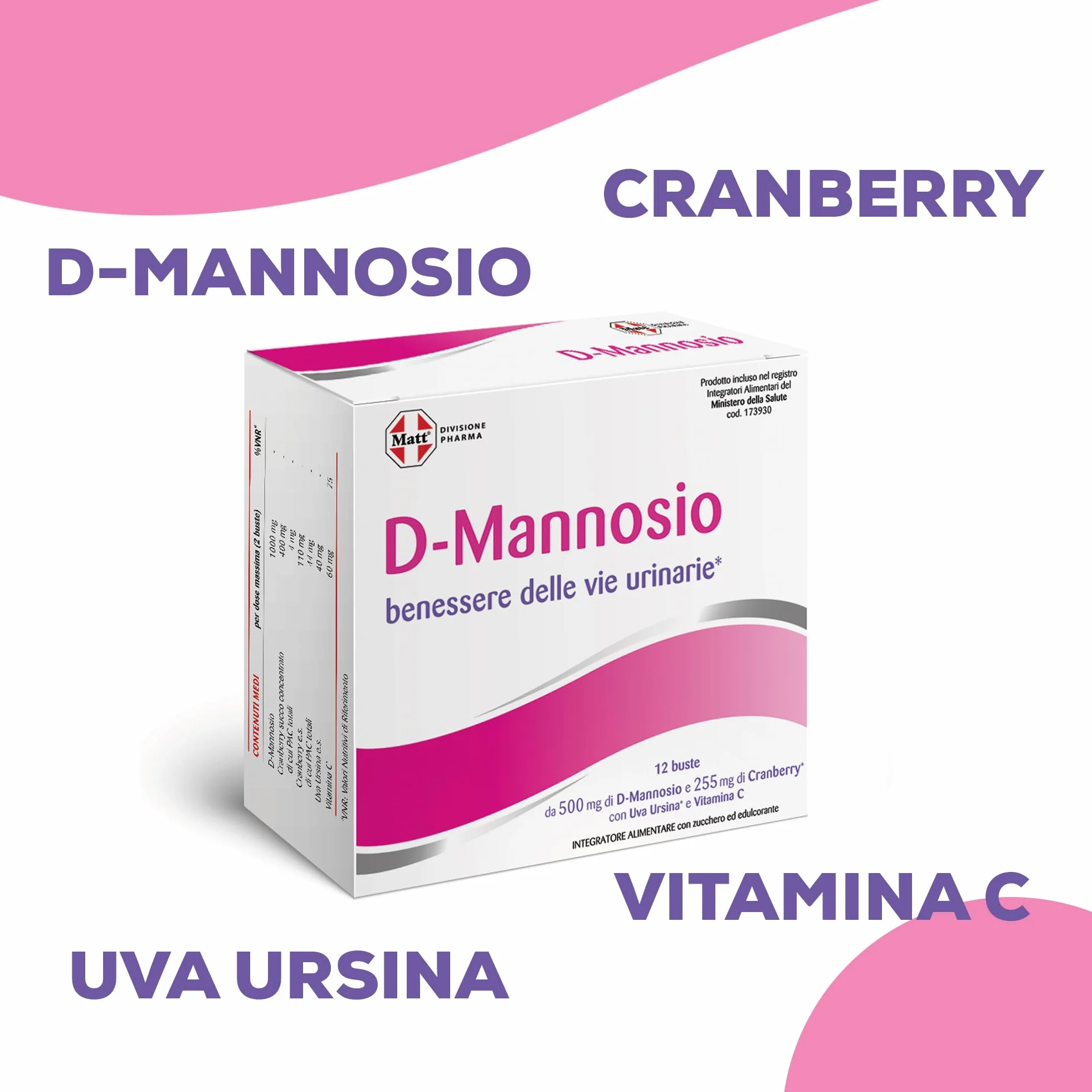 D-Mannosio 500 Cranberry Integratore Alimentare Vie Urinarie con Uva Ursina e Vitamina C 12 Bustine
