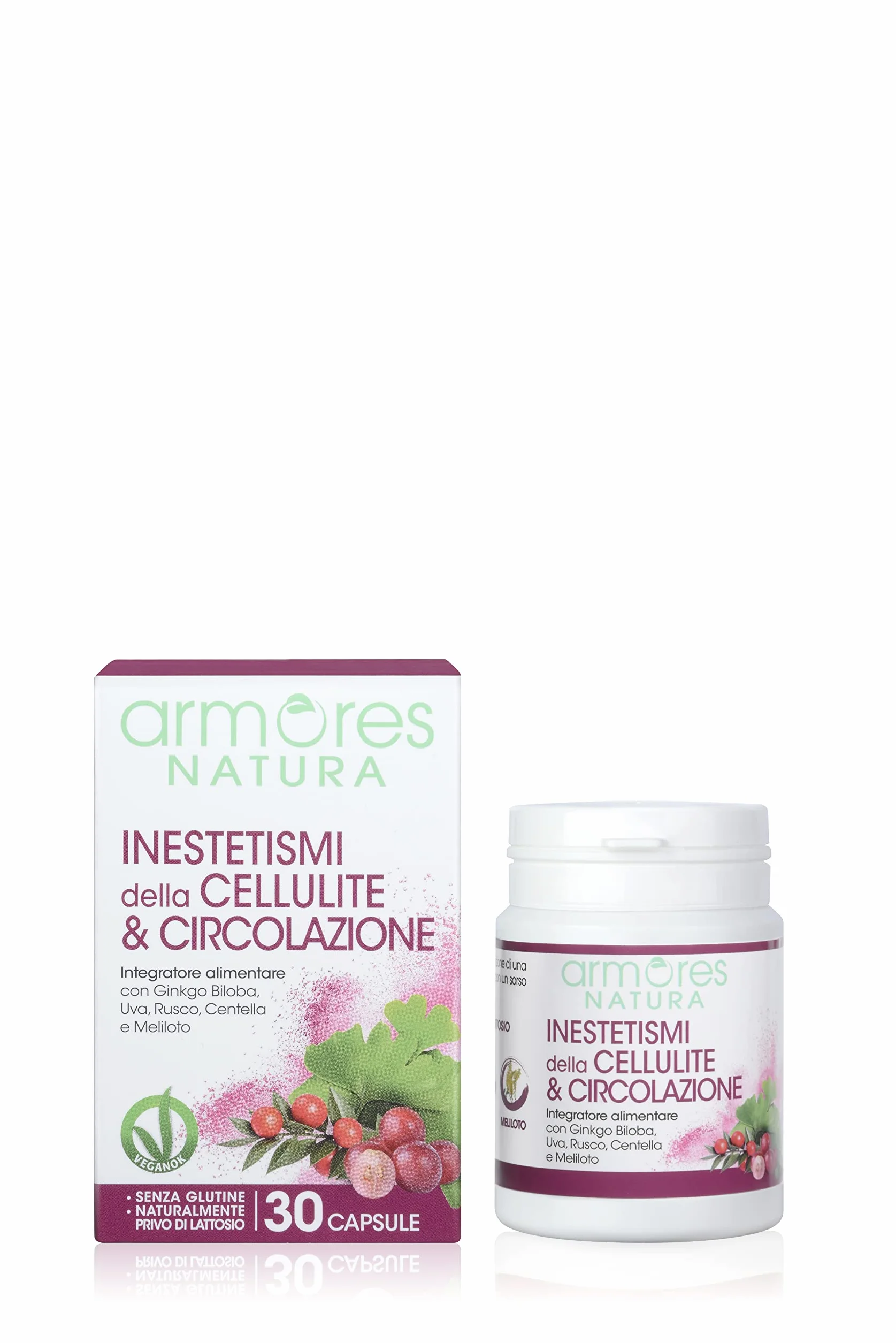 Armores Natura Integratori Alimentari, Inestetismi della Cellulite & Circolazione, Aiuta il Microcircolo, Anticellulite, a Base di Ginkgo Biloba, Uva e Centella, Vegano, Astuccio 30 Capsule