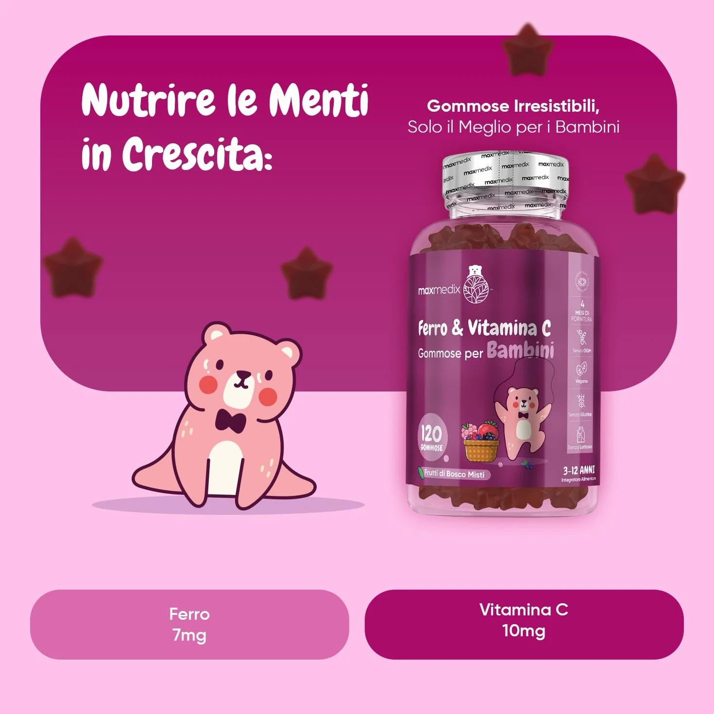 Ferro Bambini con Vitamine Gommose, 120 Caramelle Vegane ai Frutti di Bosco con Vit C, (4 Mesi di Fornitura) dai 3 ai 12 Anni, Integratore Ferro e Vitamina C Bambini Gommose, Prive di Glutine e OGM