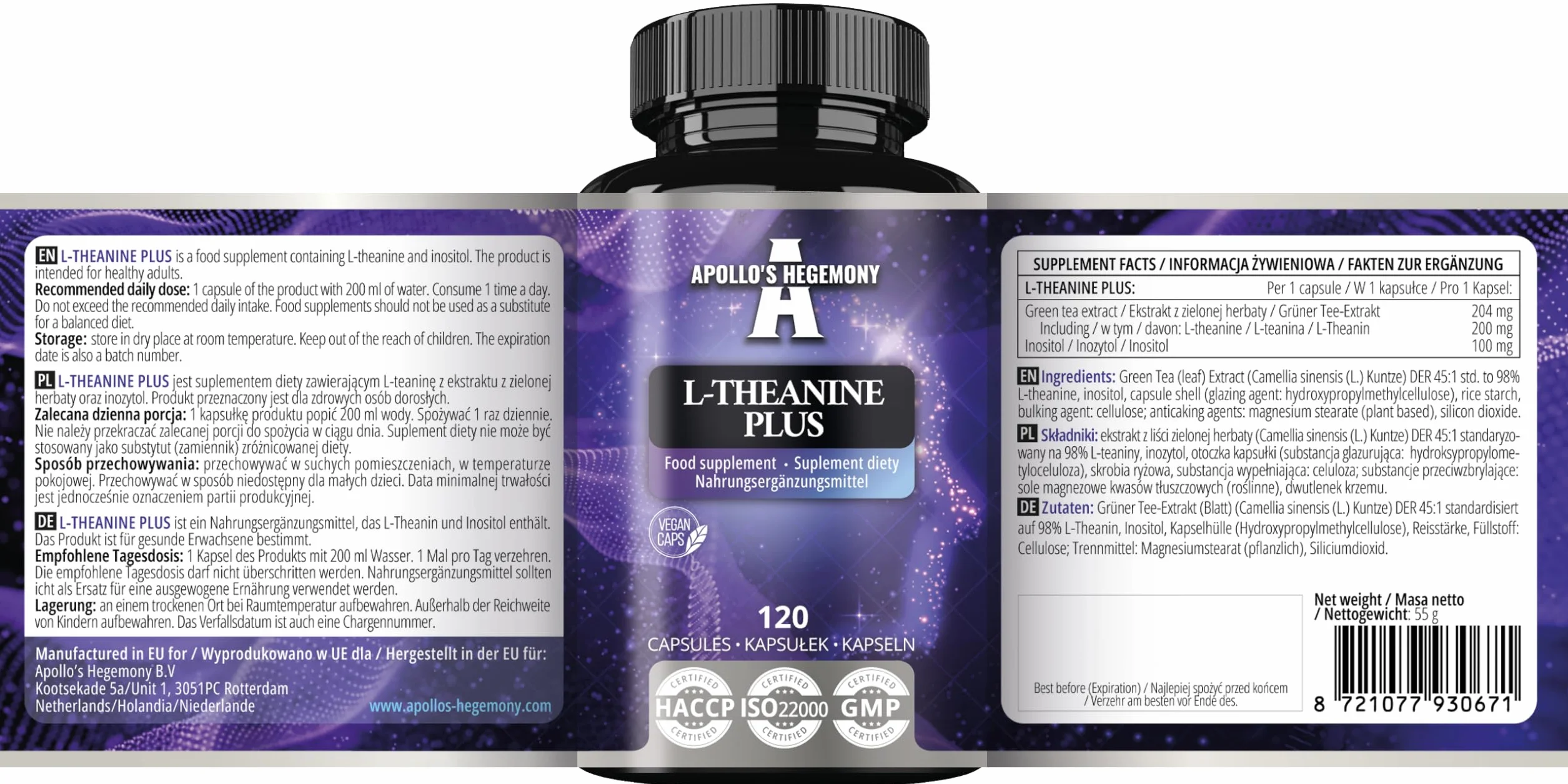 L-Teanina (98% estratto di tè verde) con Myo-Inositolo 300 mg - 120 capsule vegane - 4 mesi di fornitura - Supporta la chiarezza mentale e la gestione dello stress - da Apollo's Hegemony
