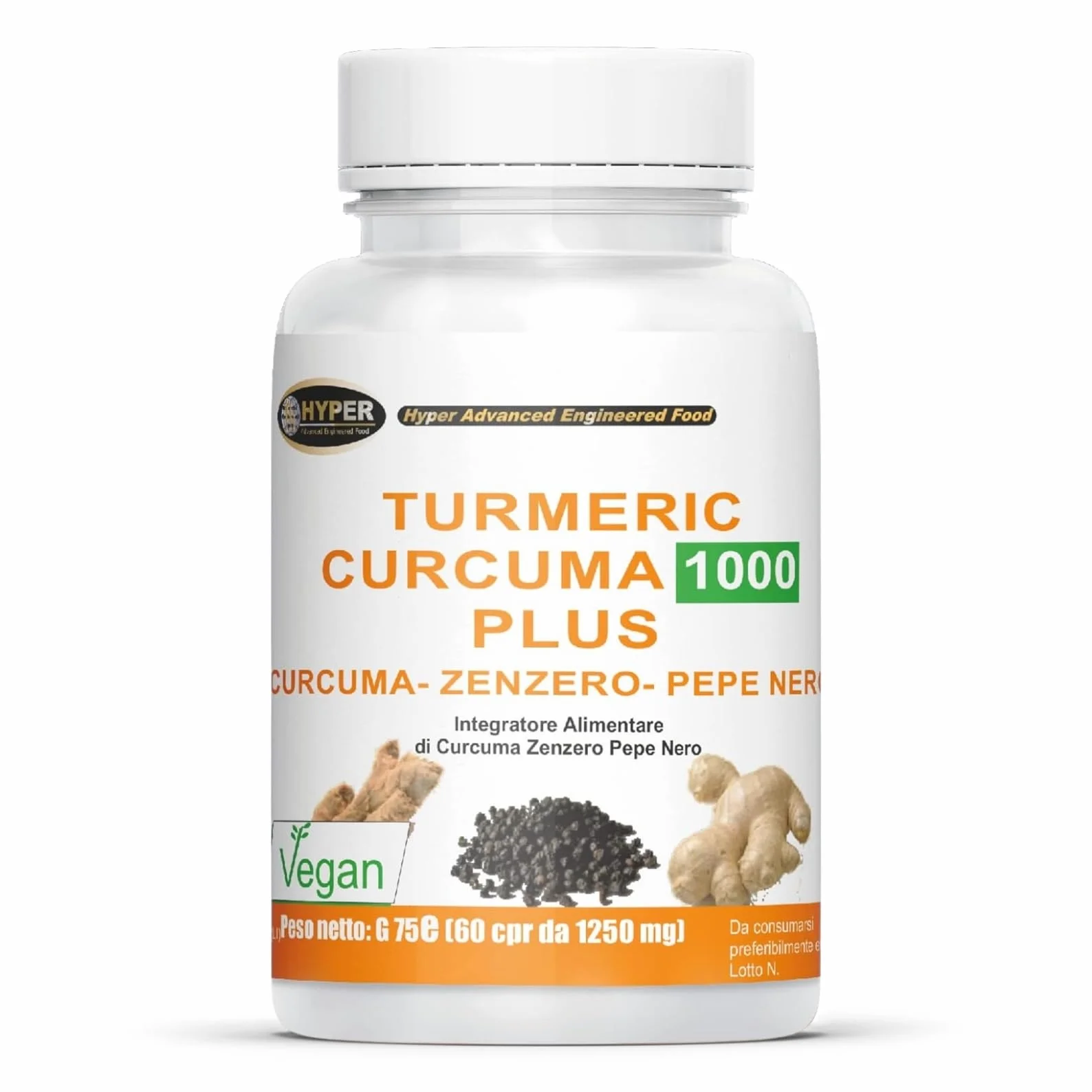 Hyper Turmeric Curcuma e Piperina Plus 1000mg - Integratore Antiossidante e Antinfiammatorio Naturale, 60 Compresse Made in Italy