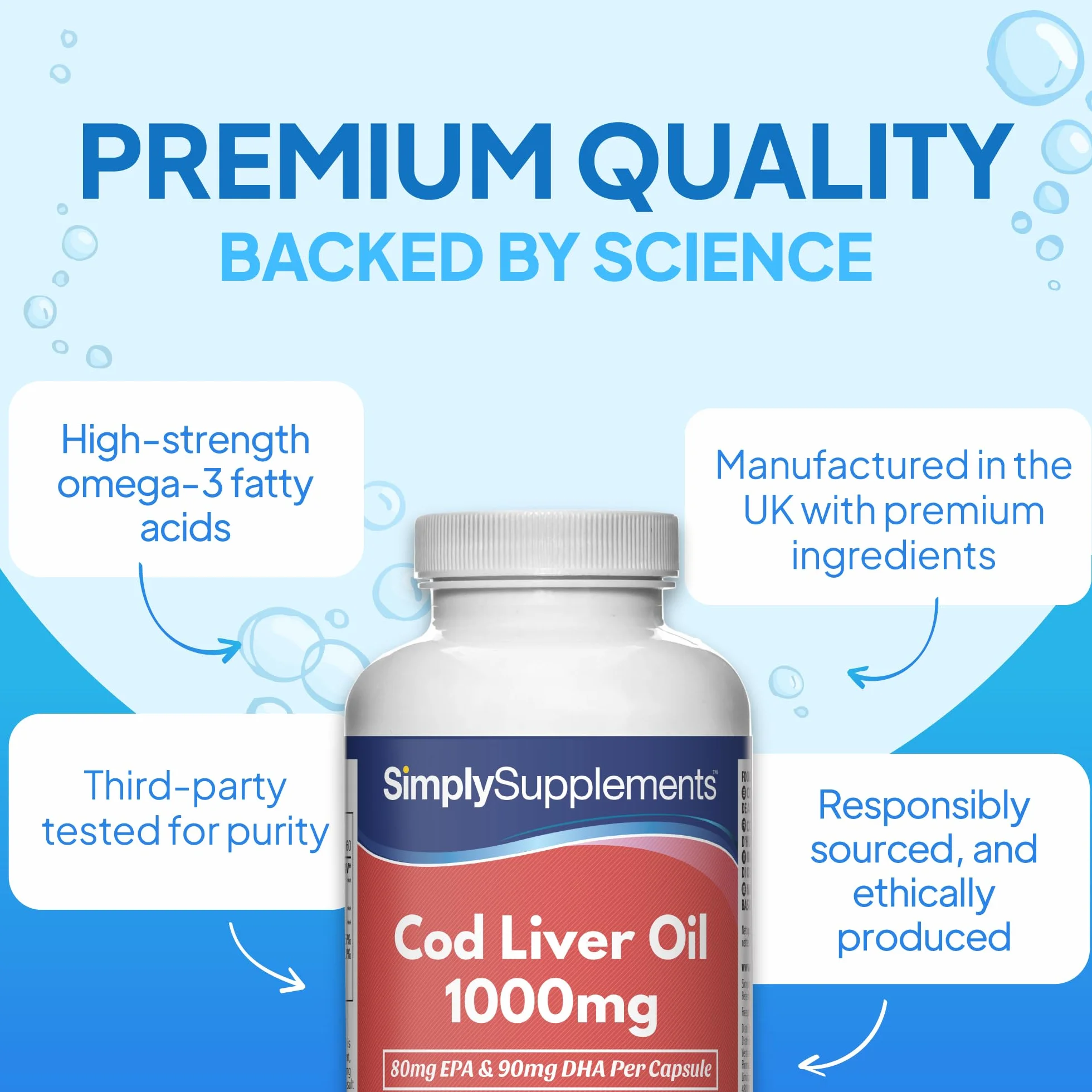 Olio Di Fegato Di Merluzzo 1000mg Omega 3 EPA DHA 180 Capsule Supporto Cervello Vista Immunità