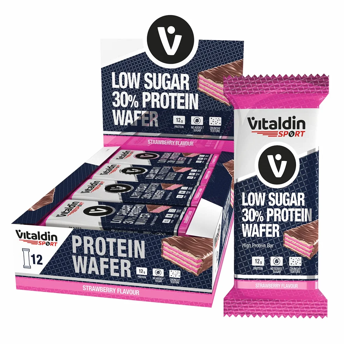 VITALDIN SPORT Low Sugar 30% Protein Wafer Fragola 12 Barrette Proteiche 40g Cioccolato Fondente