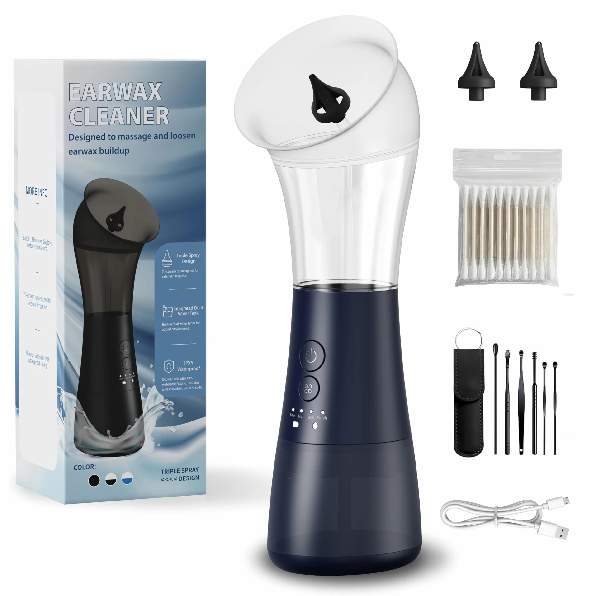 Pulitore Auricolare Elettrico per Rimozione Cerume, VINIPO Lavaggio Orecchie con Doppio Serbatoio Ricaricabile, 4 Modalità di Pulizia e Sistema di Scarico (Blu)