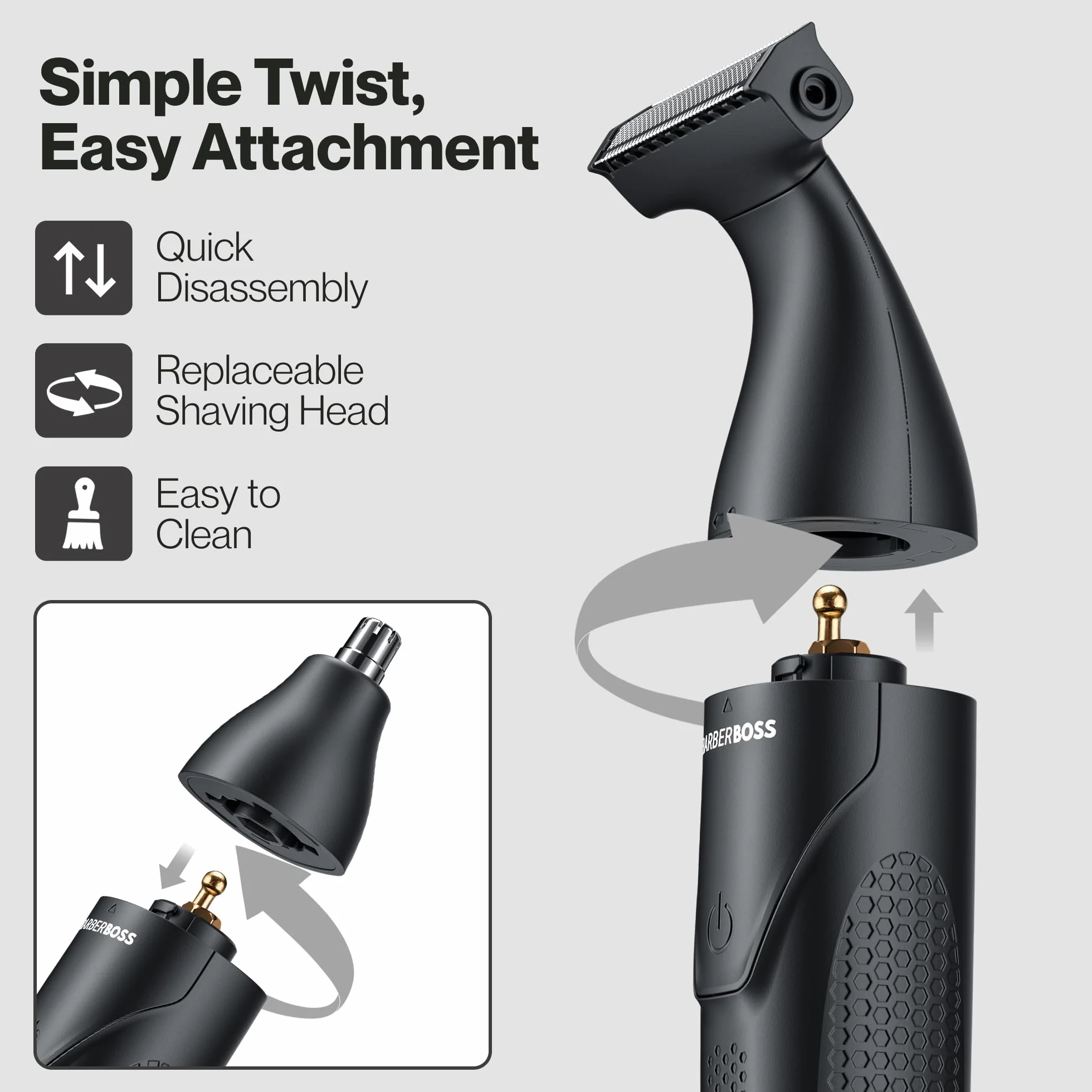 BarberBoss Set per la toelettatura dei dettagli, 3 in 1, per uomo, barba, parrucchiere, body groomer, trimmer naso e orecchie, rasoio senza fili con ricarica USB (Nero)