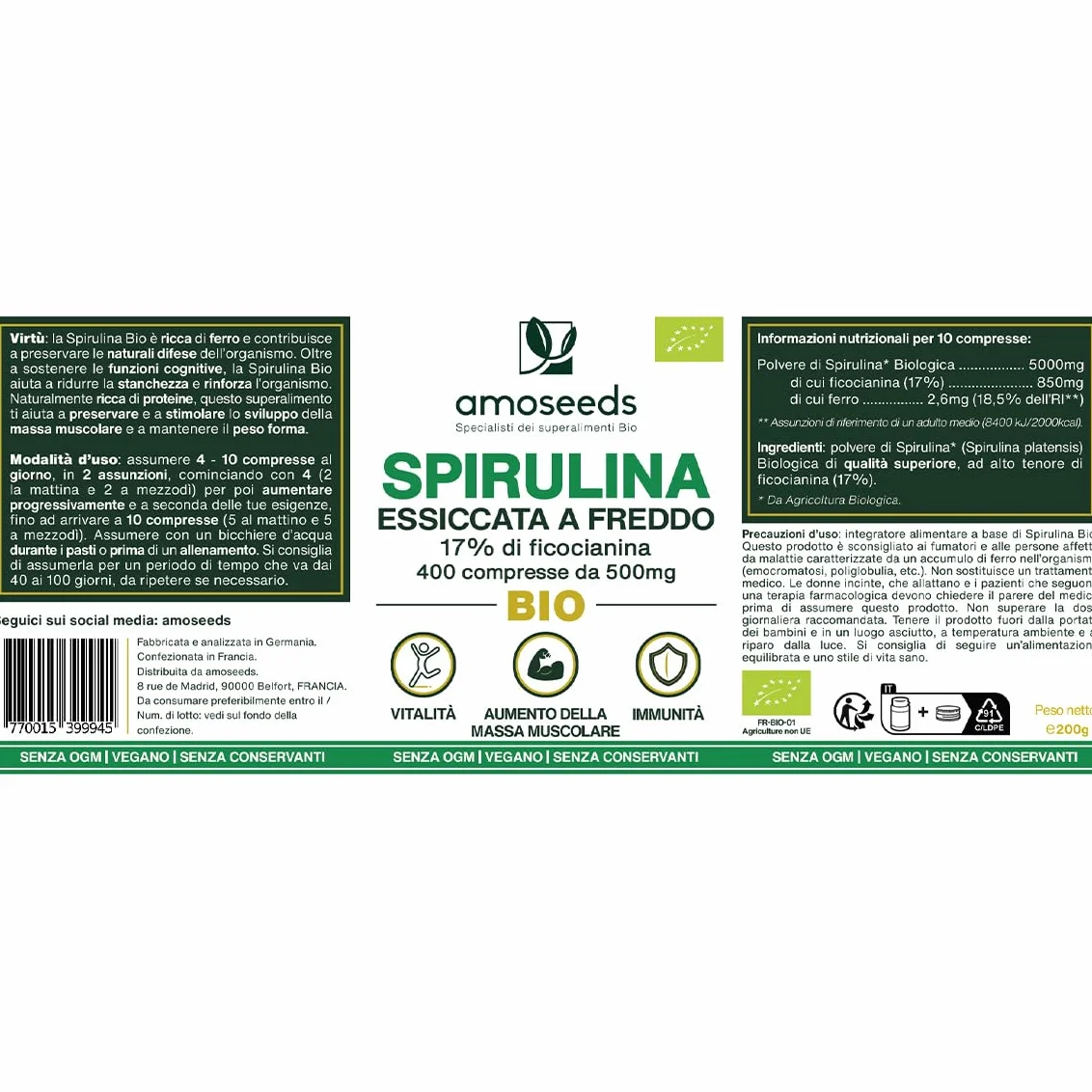 Spirulina BIO 4500mg 17% Ficocianina 400 Compresse Vegane 500mg