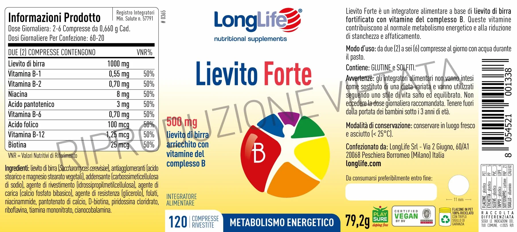 LongLife Lievito Forte Integratore di Lievito di Birra con Vitamine B 120 Compresse Vegano