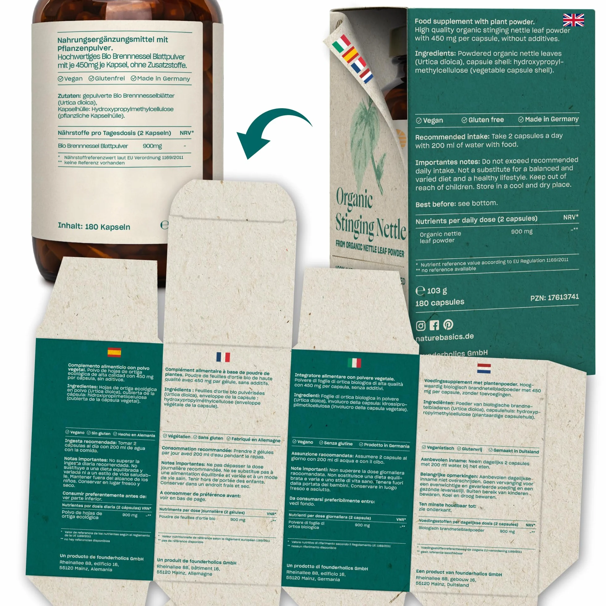 Ortica biologica 180 capsule 900 mg polvere di foglie pura vegana certificata