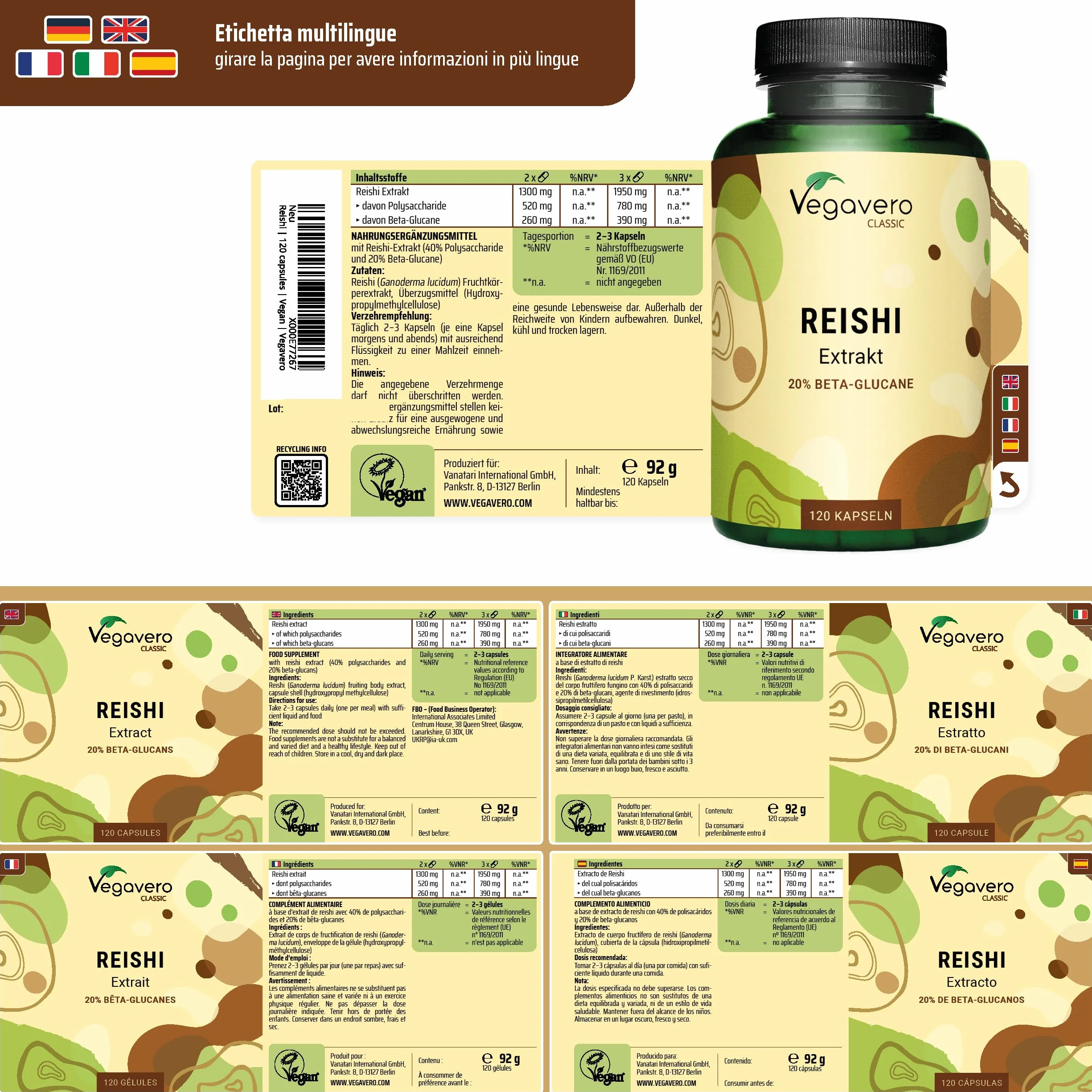 REISHI Vegavero | 27.300 mg (14:1) | con 40% Polisaccaridi + 20% Beta Glucani | Ganoderma Lucidum Puro | Analisi di Laboratorio | 120 capsule | Vegan