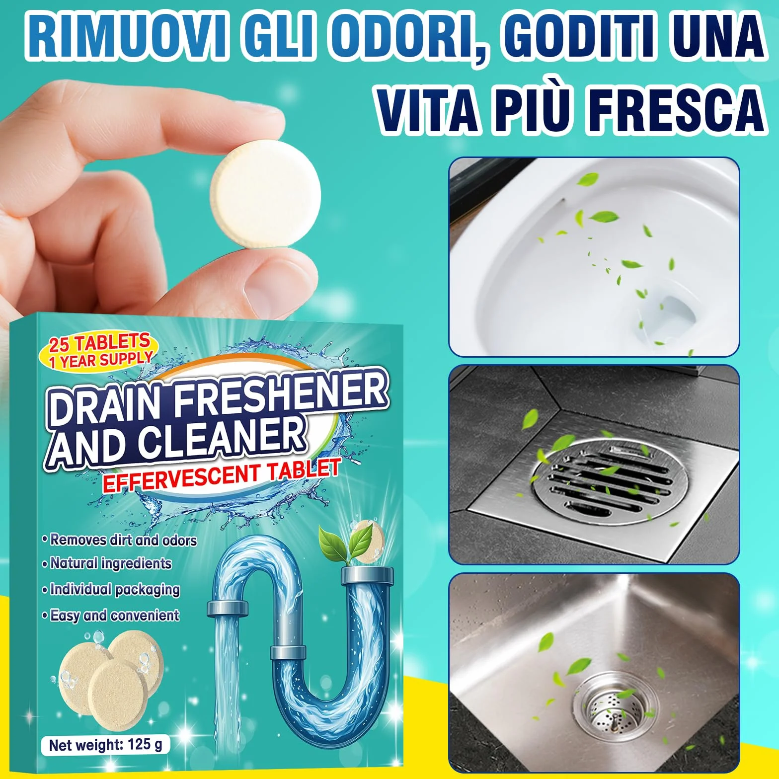 Pastiglie per la Pulizia degli Scarichi Maleodoranti 25 Compresse Effervescenti Elimina Odori Lavandino WC Doccia Cucina PVC Acciaio