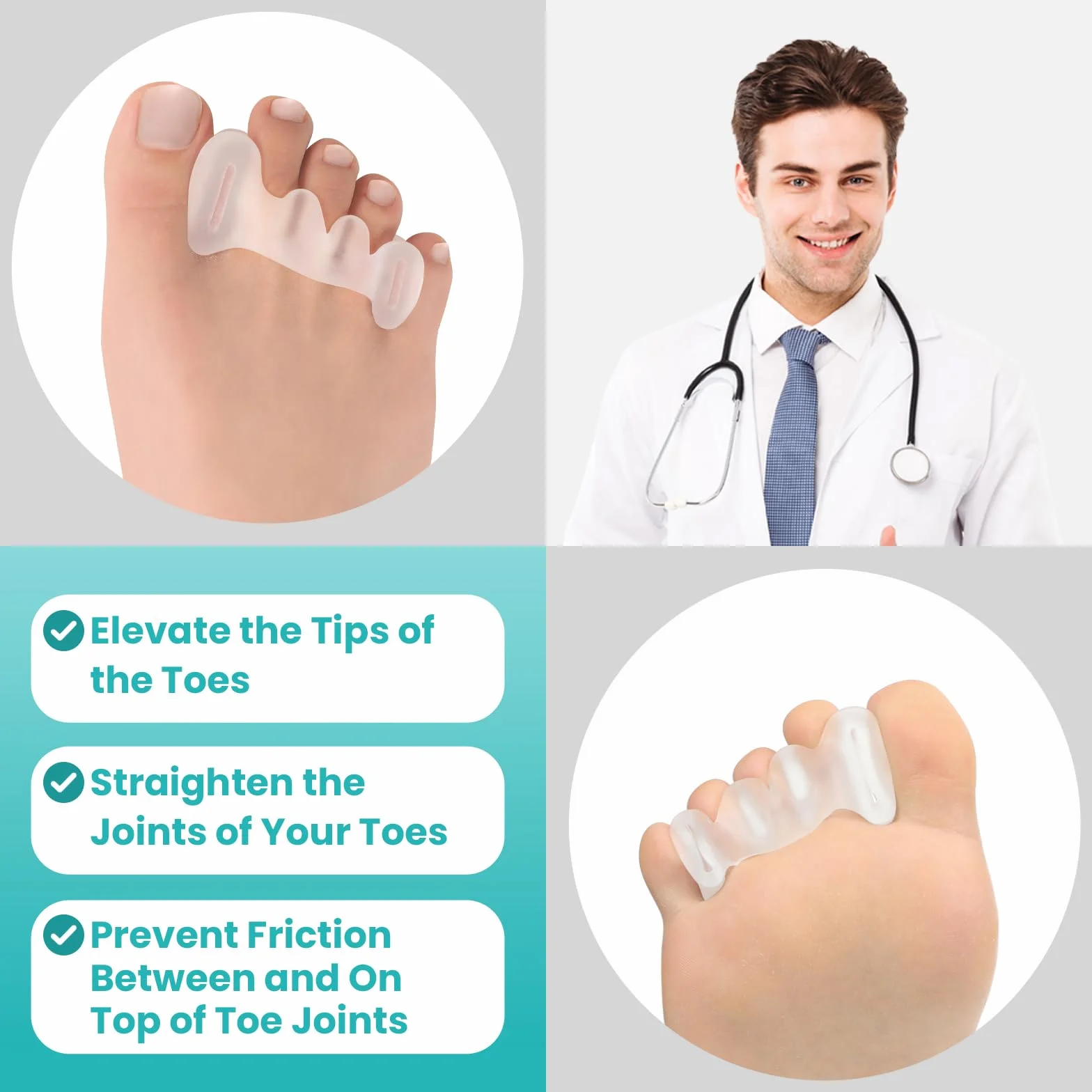 Promifun Separatori per dita dei piedi in gel morbido, 2 paia, correzione fascite plantare (Trasparente +L)