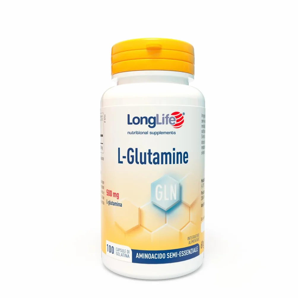 LongLife® L-Glutamine | 500 mg | Aminoacido semi-essenziale | Turnover proteico | Supporto muscolare | Alta purezza e qualità | 100 capsule di gelatina | Senza glutine e doping free