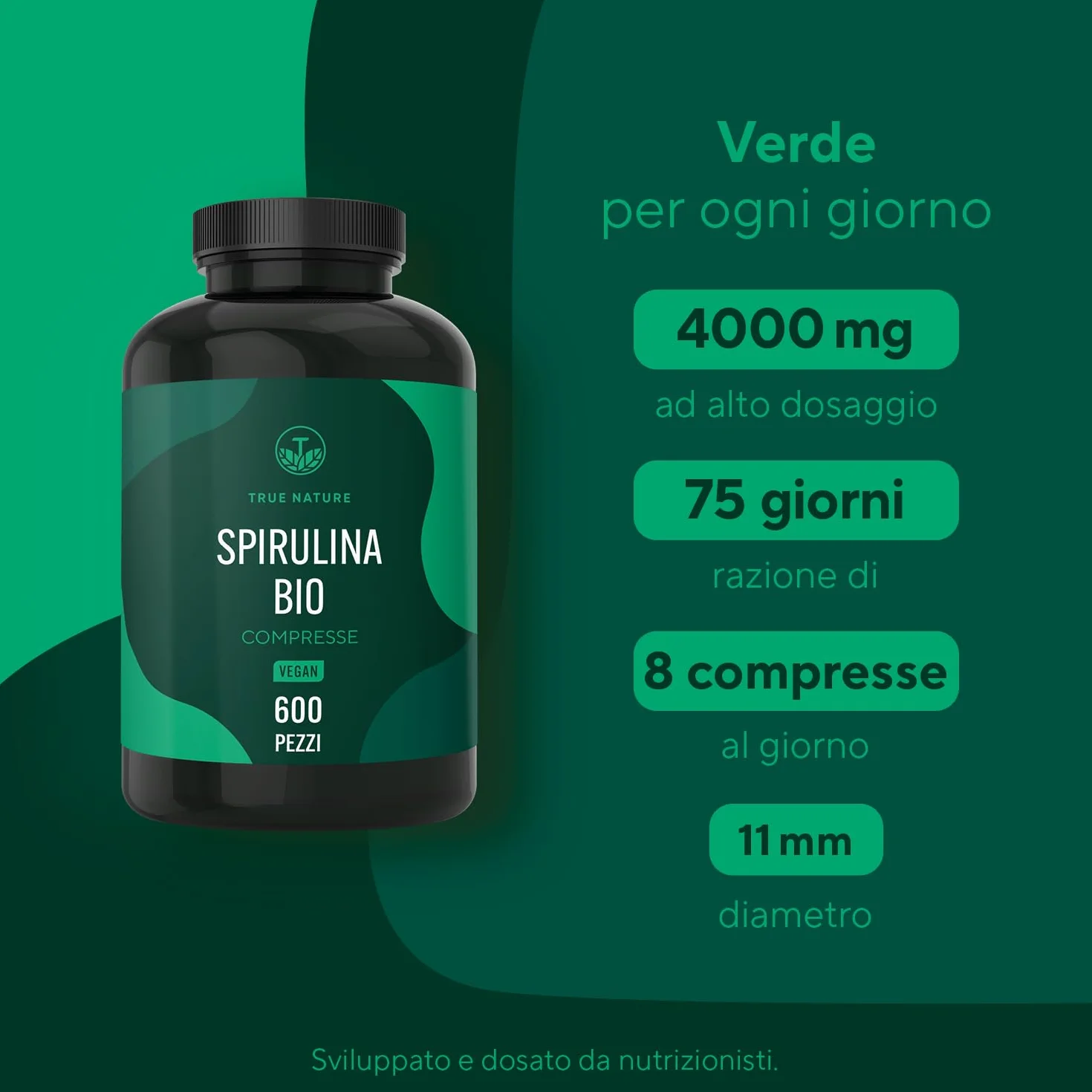 TRUE NATURE Spirulina Bio 600 compresse 500 mg 4000 mg dose giornaliera Ricca di ficocianina e proteine