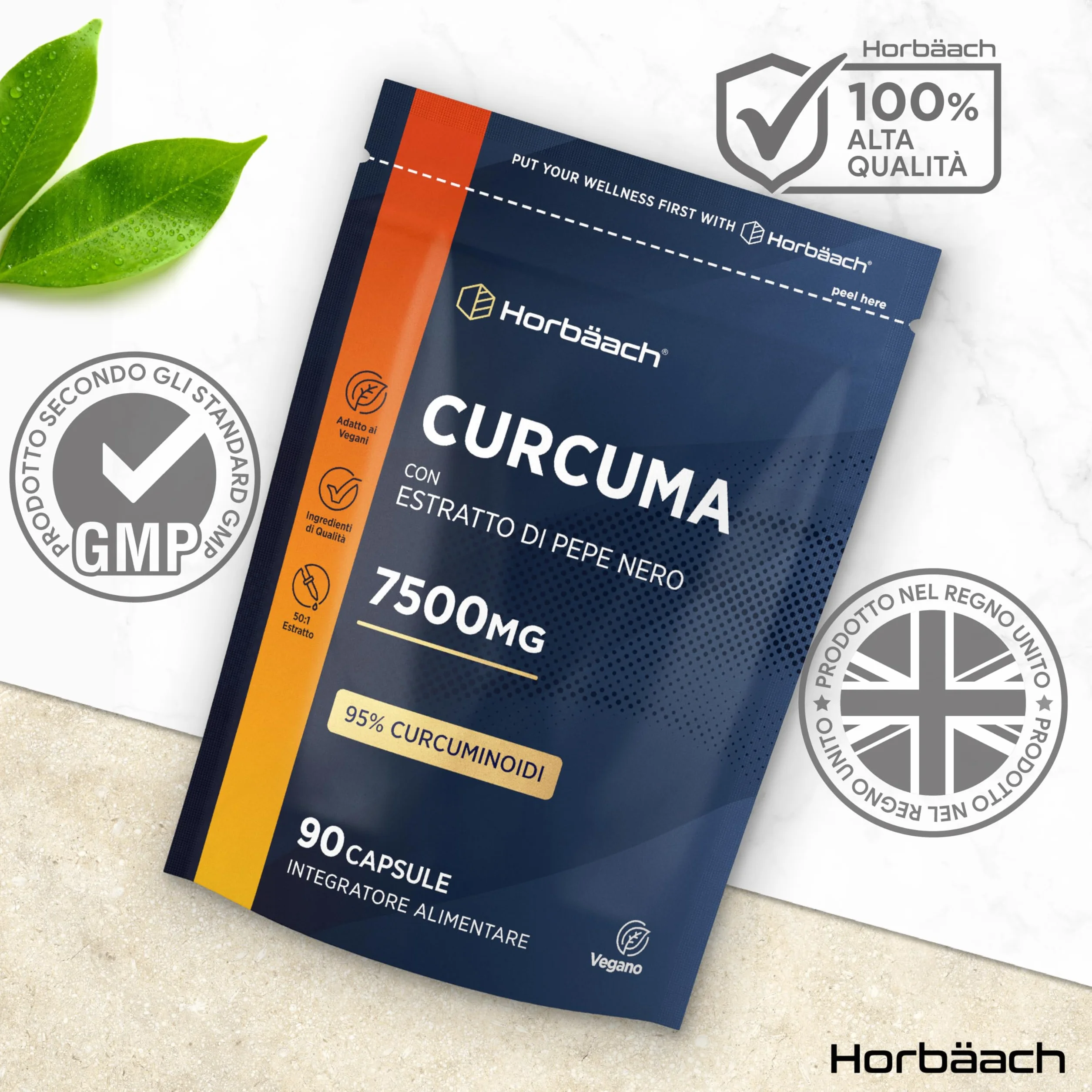 Curcuma Capsule 7500mg Horbaach Alta Dosaggio Curcumina e Piperina Turmeric and Black Pepper
