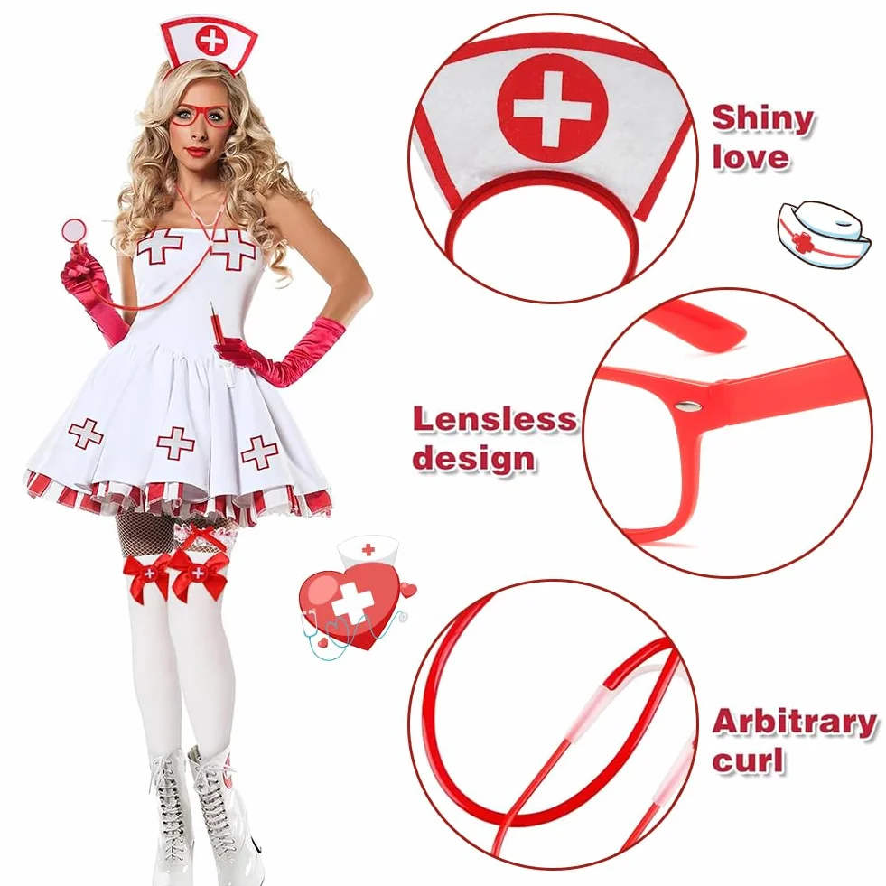 Costume infermiera Halloween Set con cappello, stetoscopio, giarrettiera, calze rosse e penna siringa