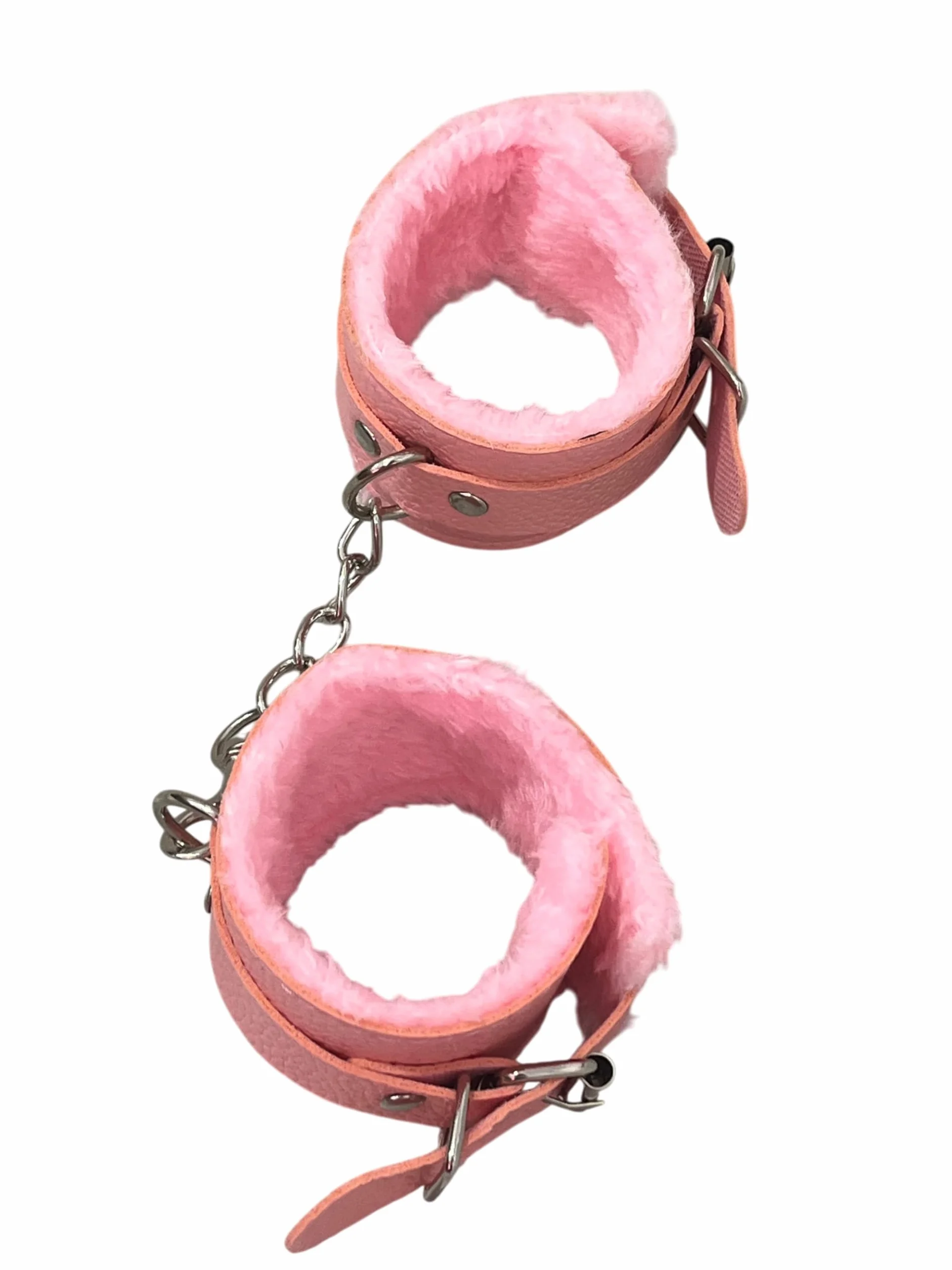 Manette in Pelle con Peluche Rosa e Moschettone - Polsiere in Ecopelle - Manette Pelose Finte Giocattolo