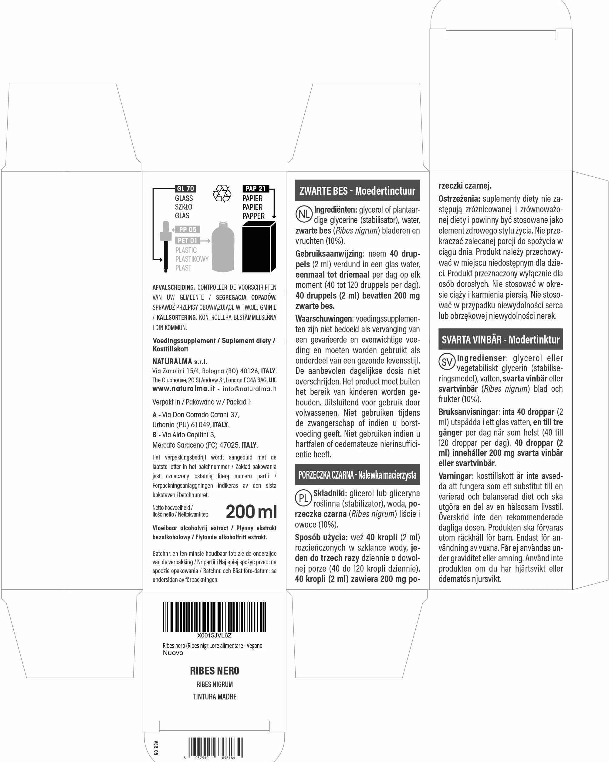 Ribes nero (Ribes nigrum) foglie e frutti Tintura Madre analcoolica Naturalma - Estratto liquido gocce 200 ml - Integratore alimentare - Vegano