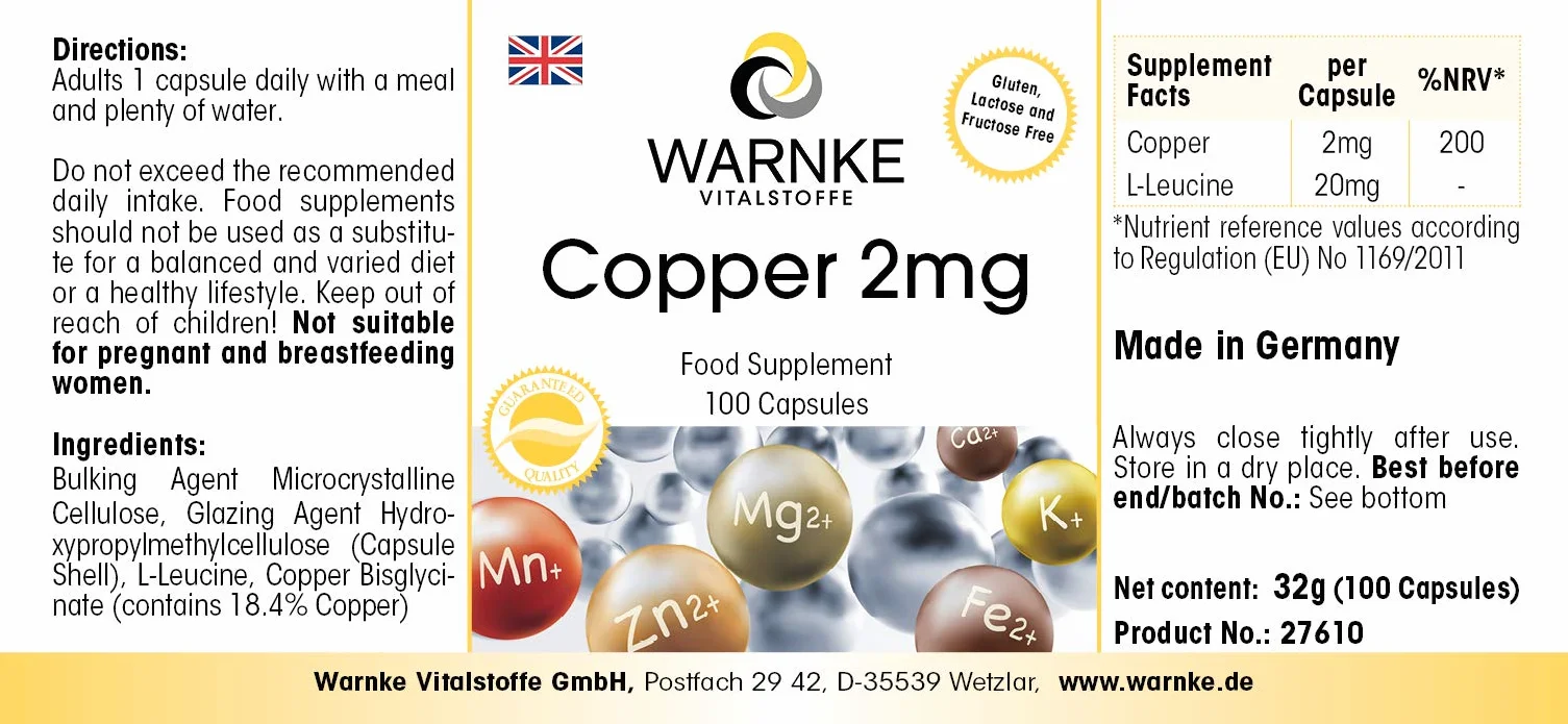 Rame 2mg - 100 capsule vegane da rame bisglicinato | Warnke Vitalstoffe - Qualità da farmacia tedesca