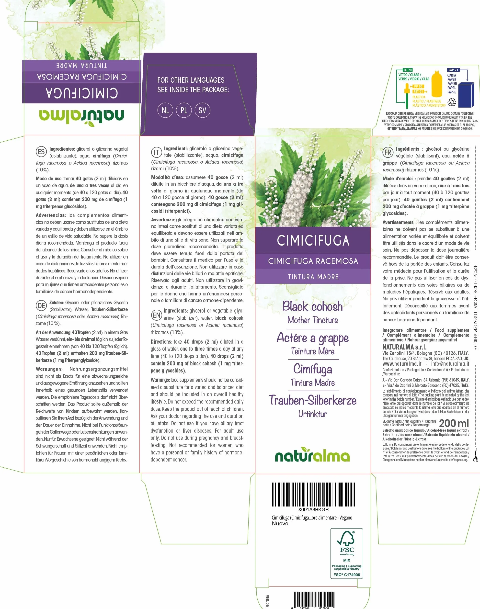 Cimicifuga racemosa Tintura Madre analcoolica 200 ml - Integratore alimentare vegano