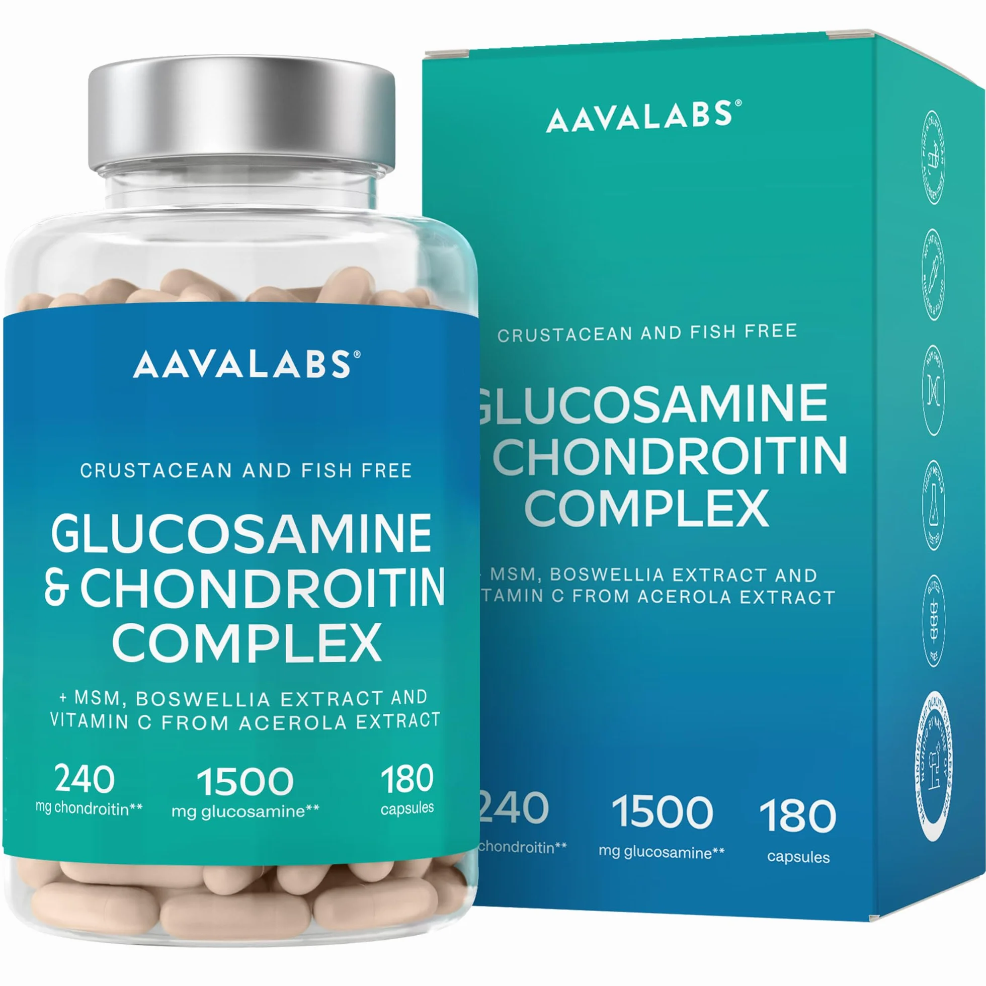 Glucosamina Condroitina MSM Integratore Alto Dosaggio con Boswellia Serrata e Vitamina C Naturale da Acerola - Senza Pesce e Crostacei - Integratore Difese Immunitarie, Ossa, Cartilagini - 180 Capsule