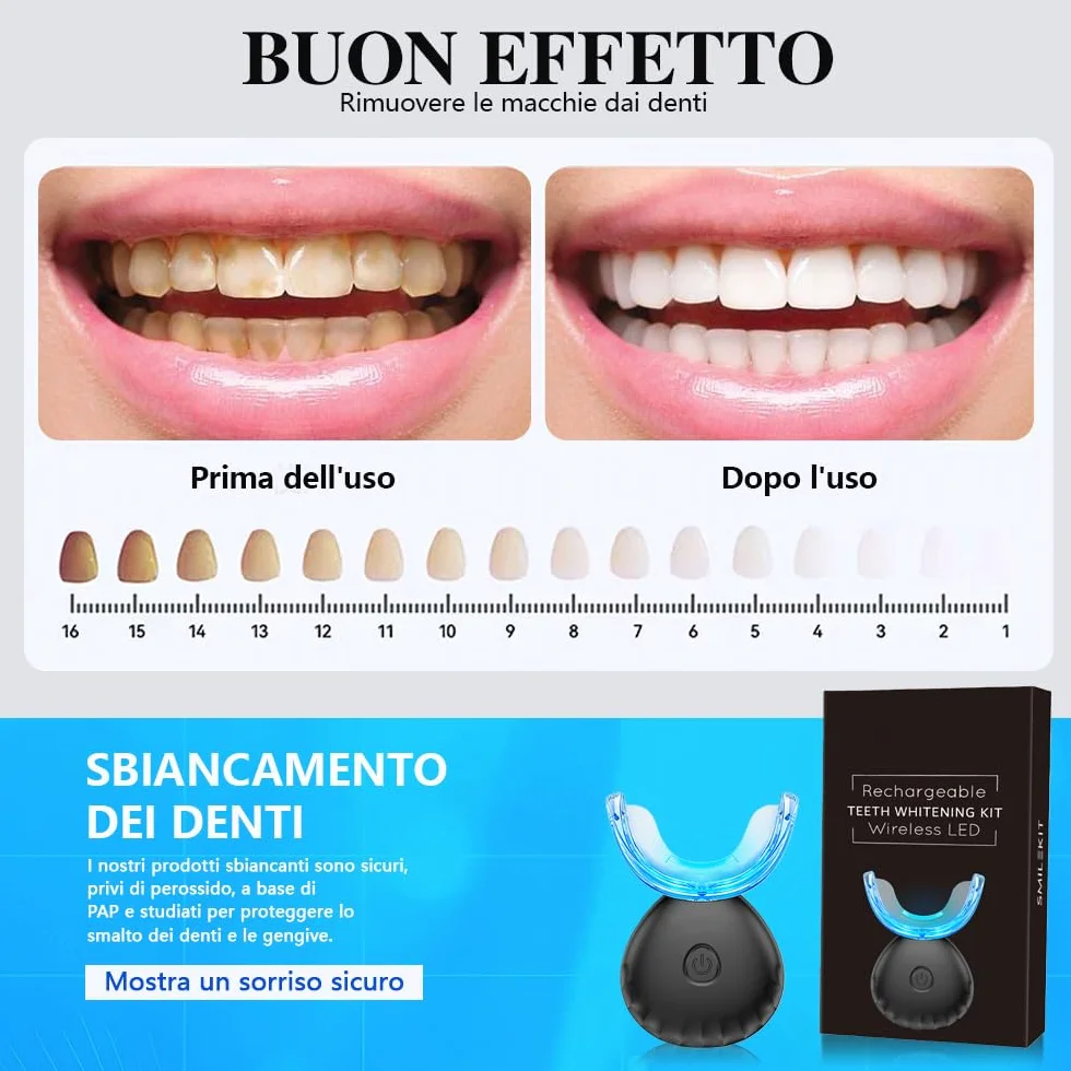 Kit Sbiancante Denti Professionale con Lampada 16 LED Blu,Quattro Penne Gel Sbiancante,Elimina le Macchie in 16 Minuti,con Applicazione Semplice e Veloce,Sicuro per lo Smalto