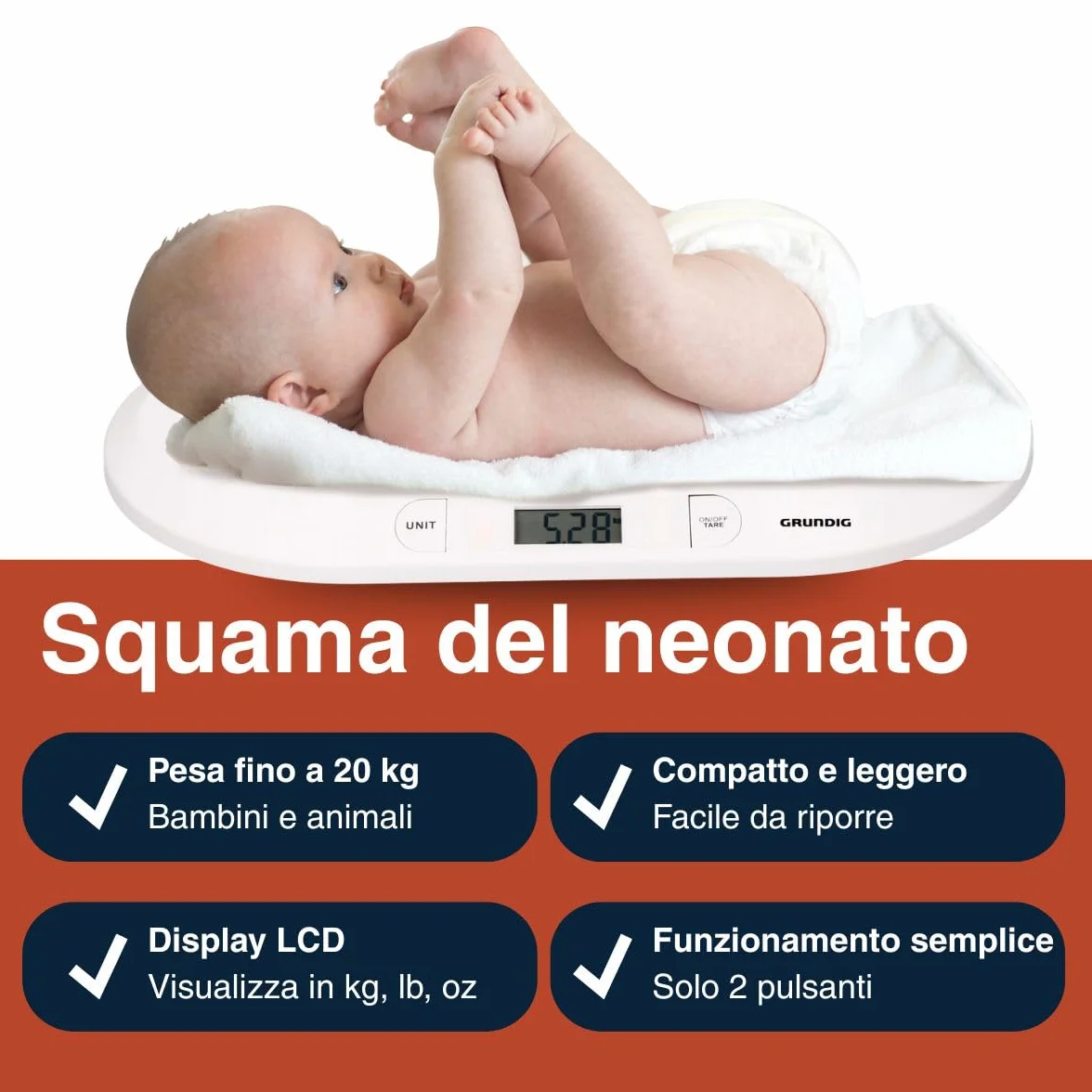 Grundig Bilancia Neonato Digitale Precisione 10 Grammi Max 20 Chili Funzione Tara Bianco