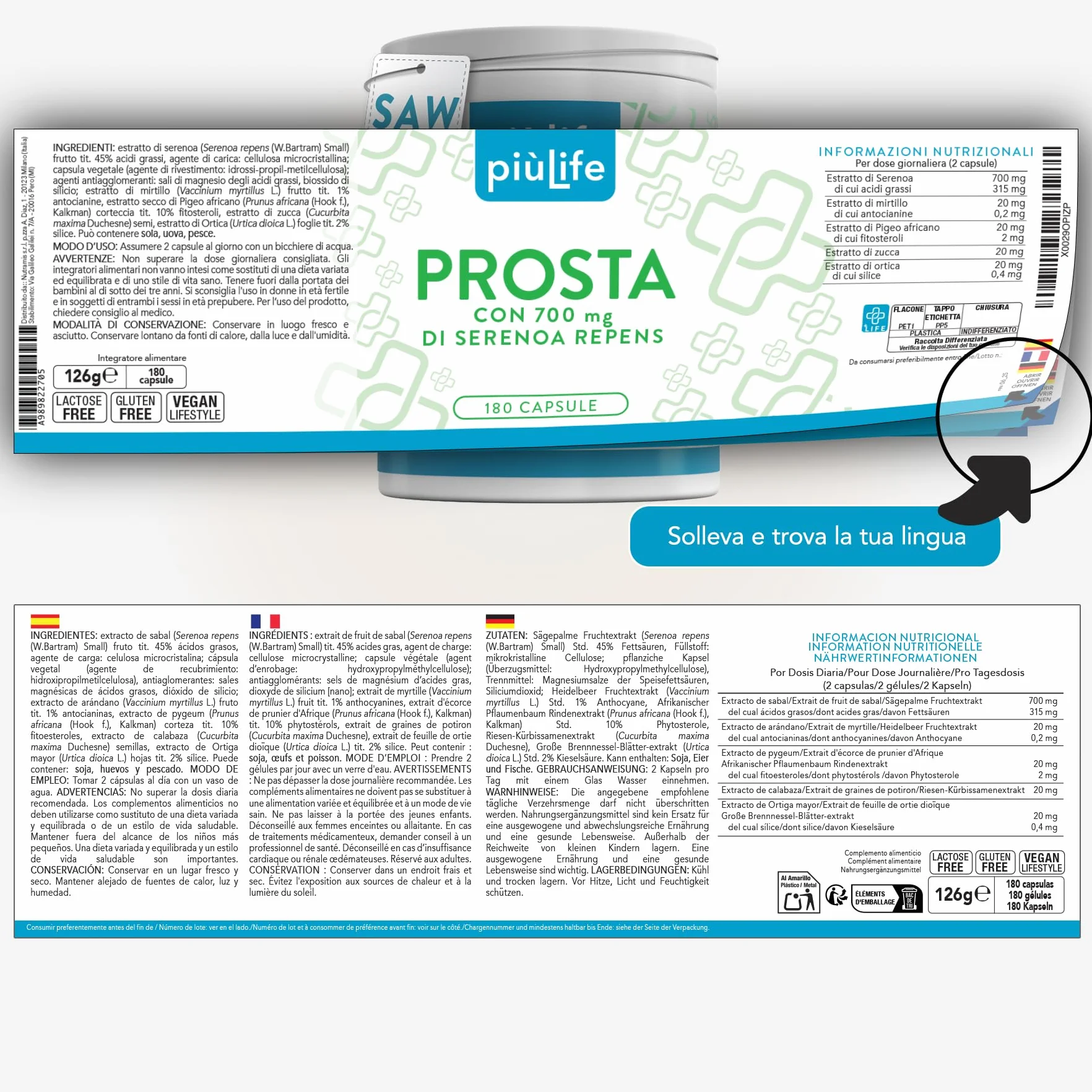 PiùLife Serenoa Repens 700mg Integratore Prostata Saw Palmetto Pygeum Africanum Zucca Ortica 180 Capsule