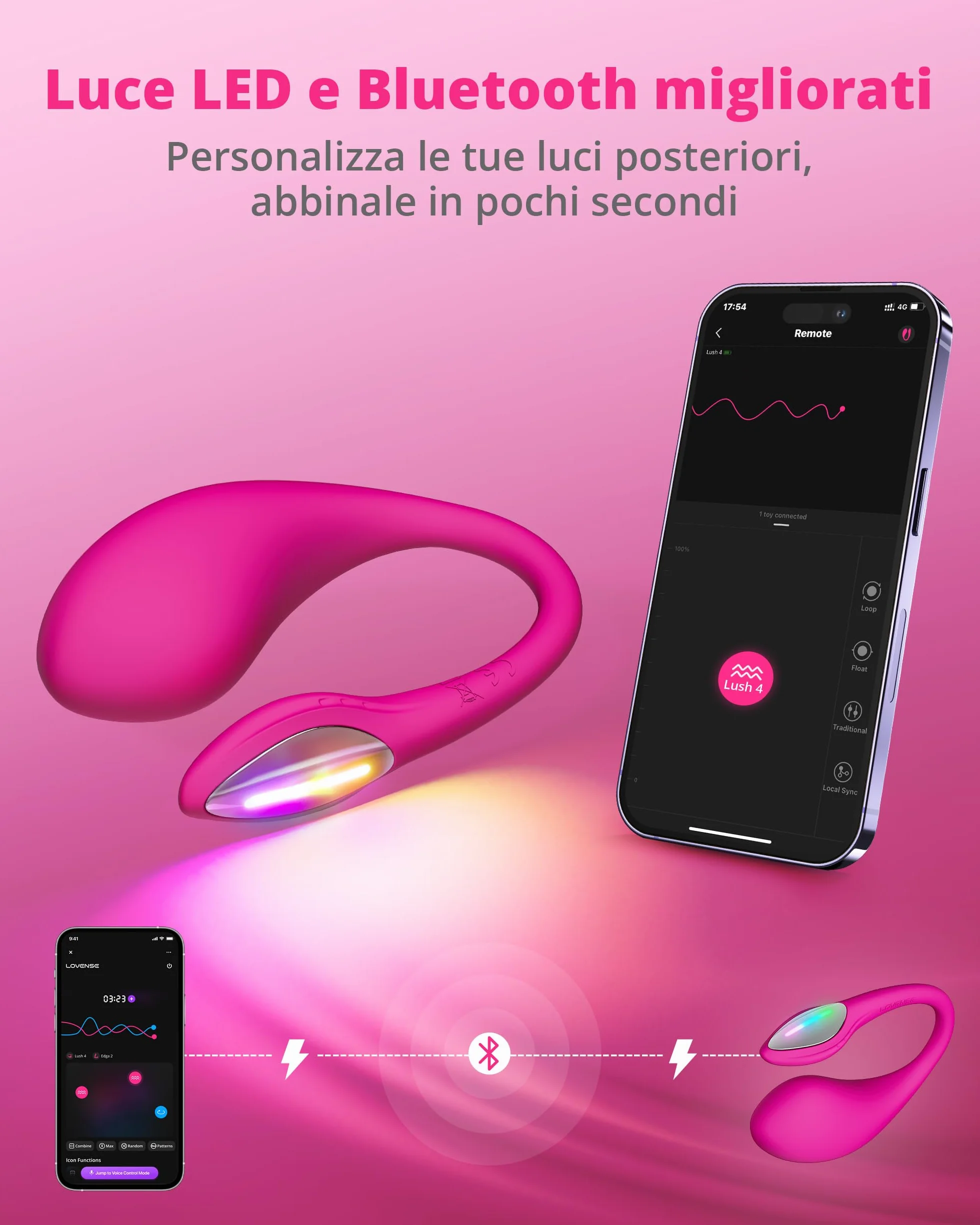 LOVENSE Lush 4 Vibrazione del punto G telecomandata per donne, giocattolo sessuale per adulti con coda luminosa a LED, vibrazione per donne con applicazione