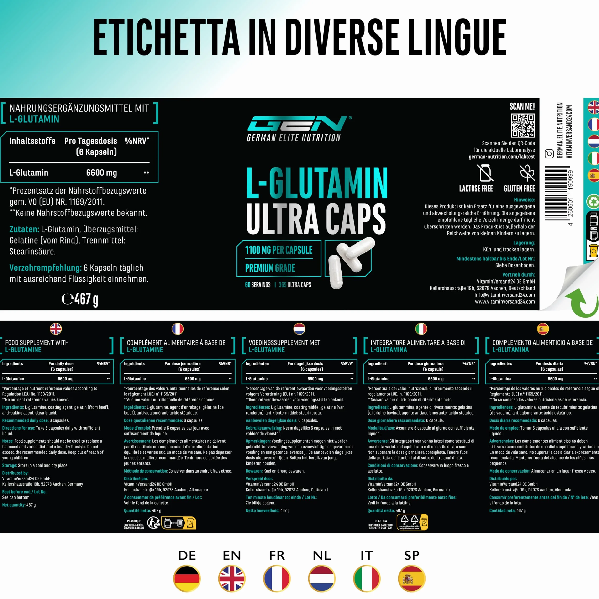 L-glutammina Ultra Caps - 365 capsule da 1100 mg - L-glutammina pura e ultra-fine in qualità premium - Extra ad alto dosaggio