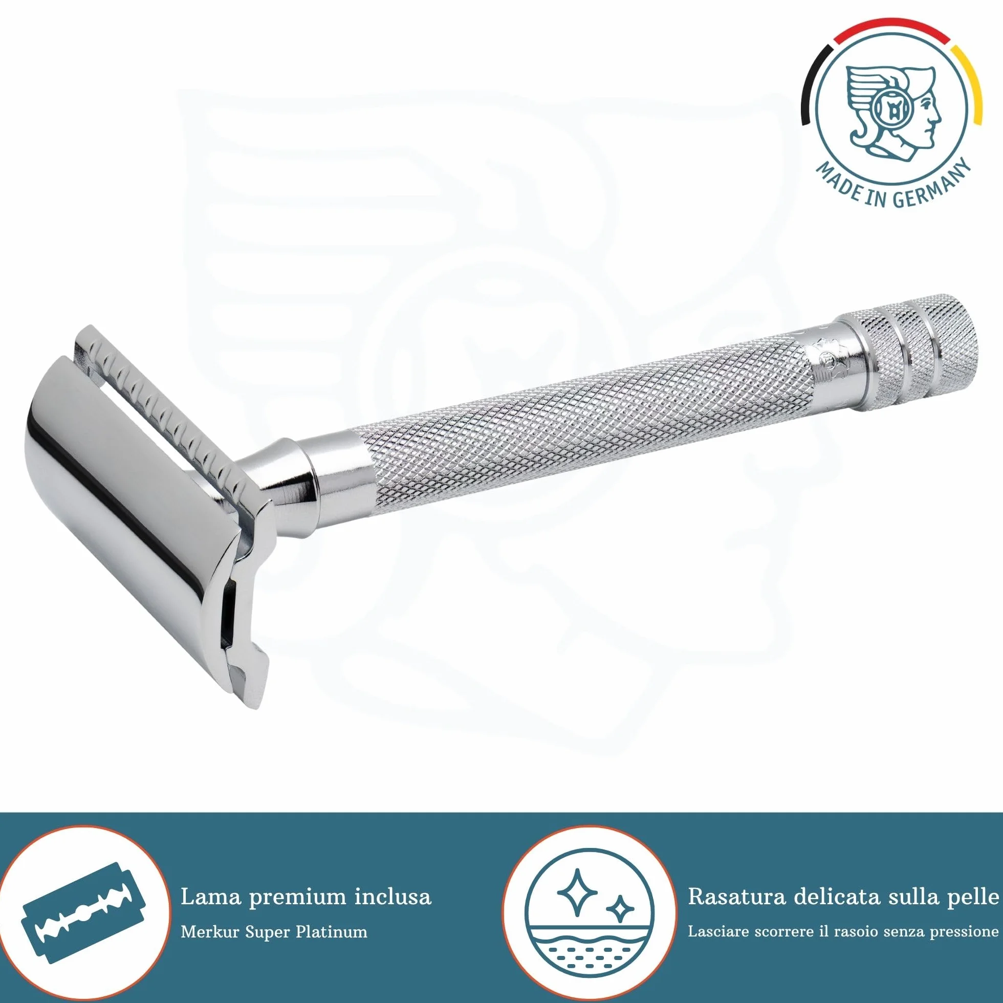 MERKUR 23C Rasoio di sicurezza – Finitura cromata lucida, manico lungo, struttura in tre pezzi, pettine chiuso, rasatura tradizionale – Made in Germany