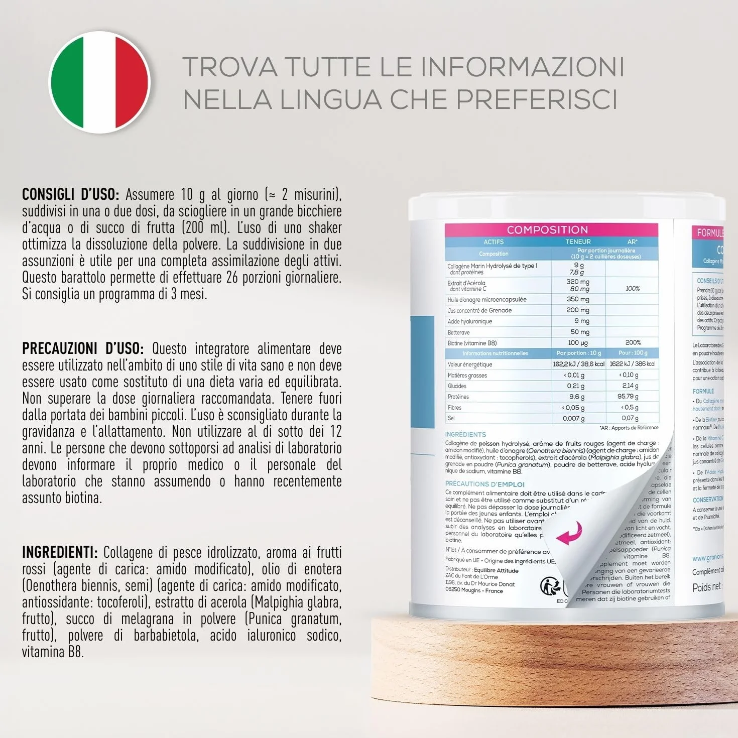 GRANIONS Collagene+ Bellezza in Polvere 260 g | 9 g Collagene Marino Tipo I | Acido Ialuronico + Biotina + Vitamina C + Enotera | Aroma Frutti Rossi | 26 Giorni