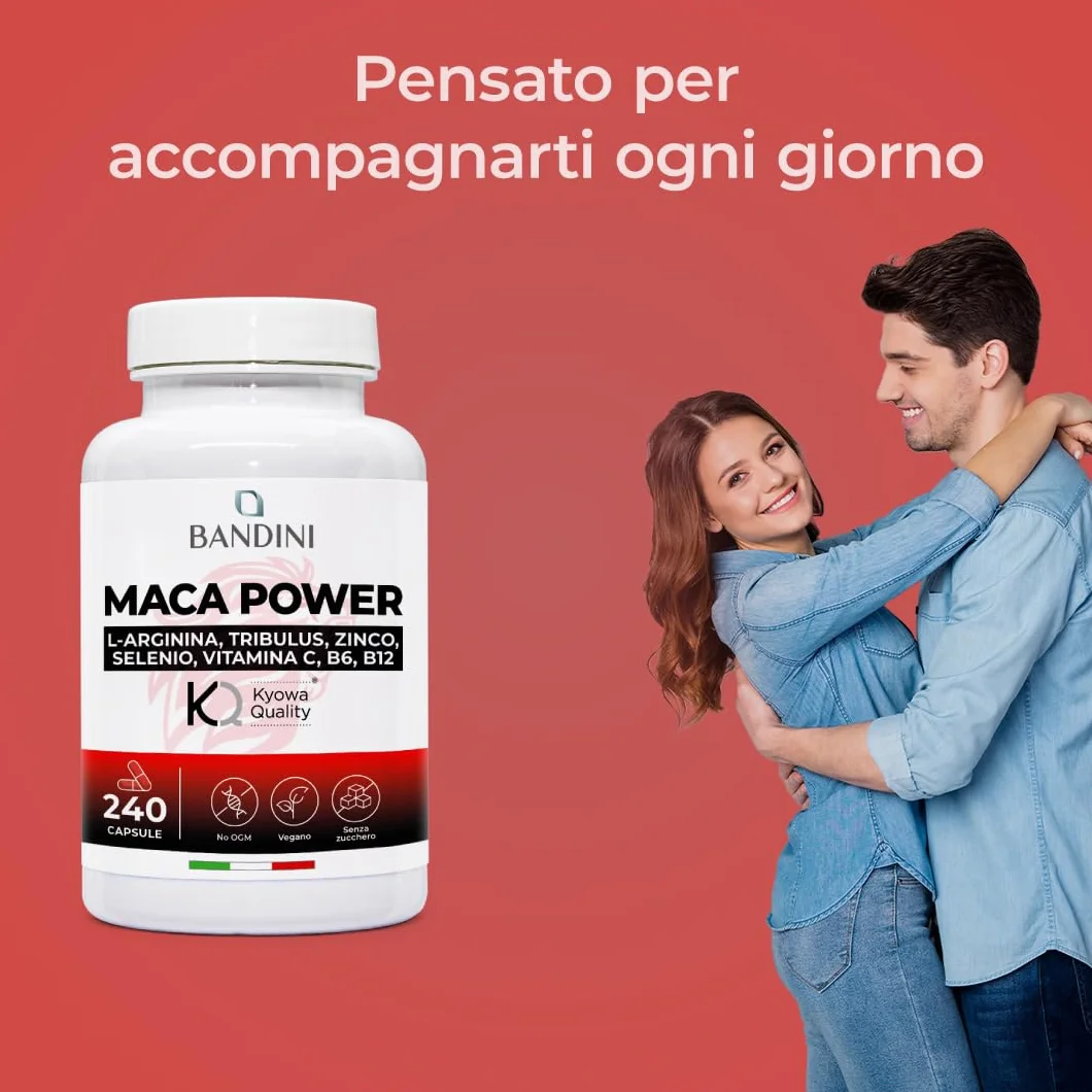 Bandini® MACA POWER 240 Capsule, Maca Peruviana 100% Vegan, Complesso ad Alto Dosaggio con Arginina Kyowa®, Tribulus, Vitamina C, Zinco, B6, B12 e Selenio, Stanchezza Fisica e Mentale, Energia, Sport