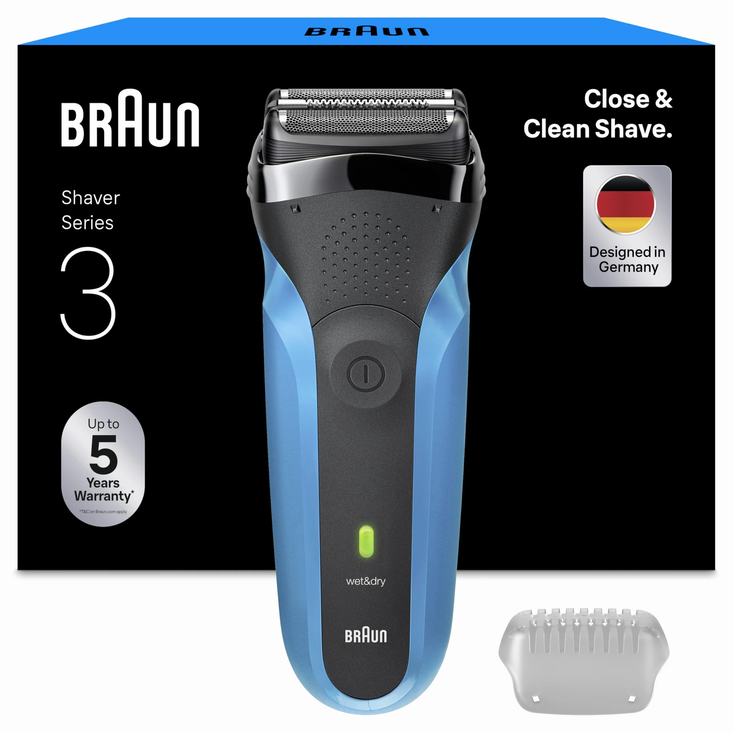Braun Serie 3 Rasoio Elettrico Barba Wet&Dry 3 Lame Flessibili 310S Blu