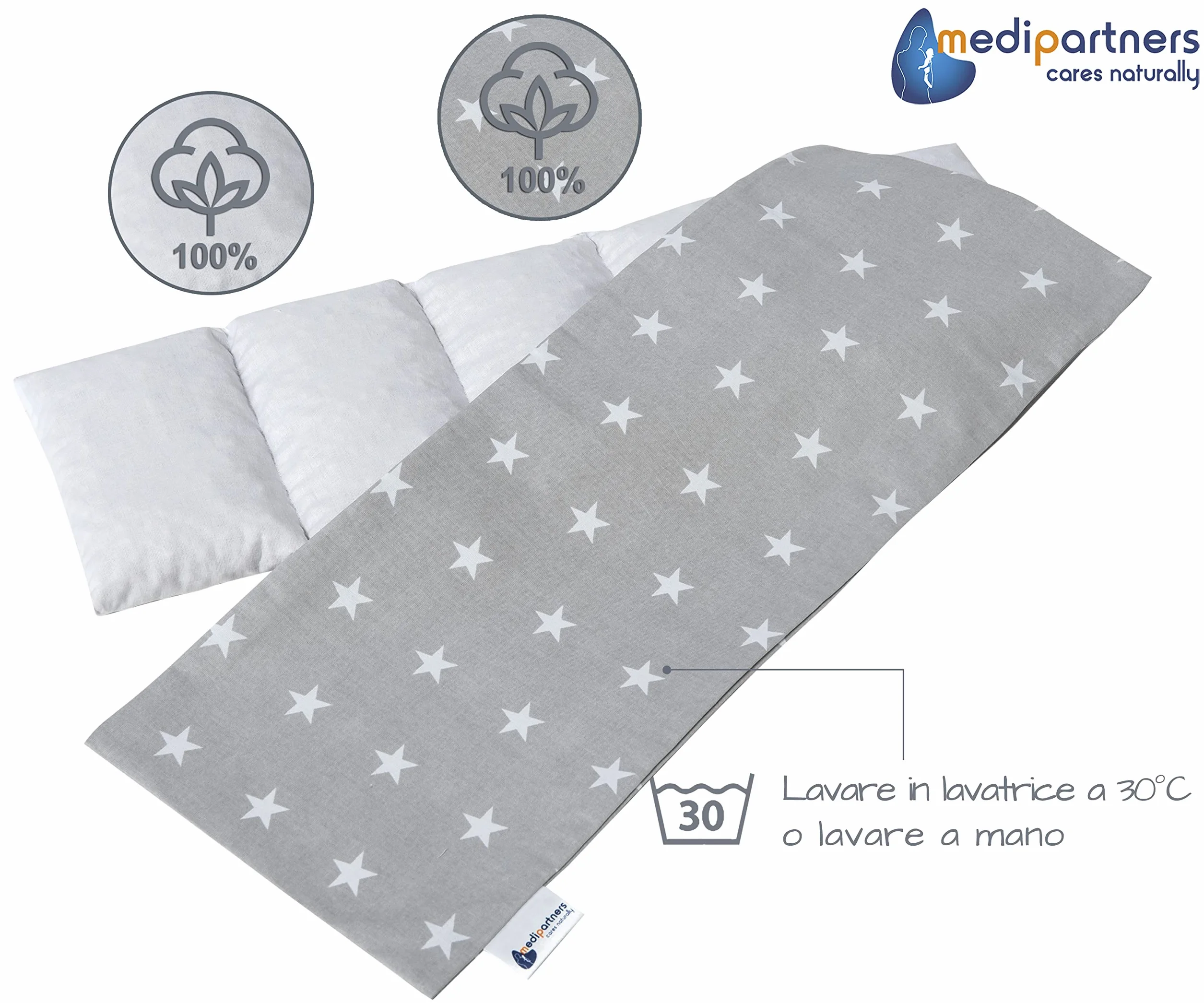 Medi Partners Cuscino Termico noccioli ciliegio 60x20cm 800g 100% Cotone 5 Camere Grande Terapia del freddo Federa sfoderabile (Stelle)