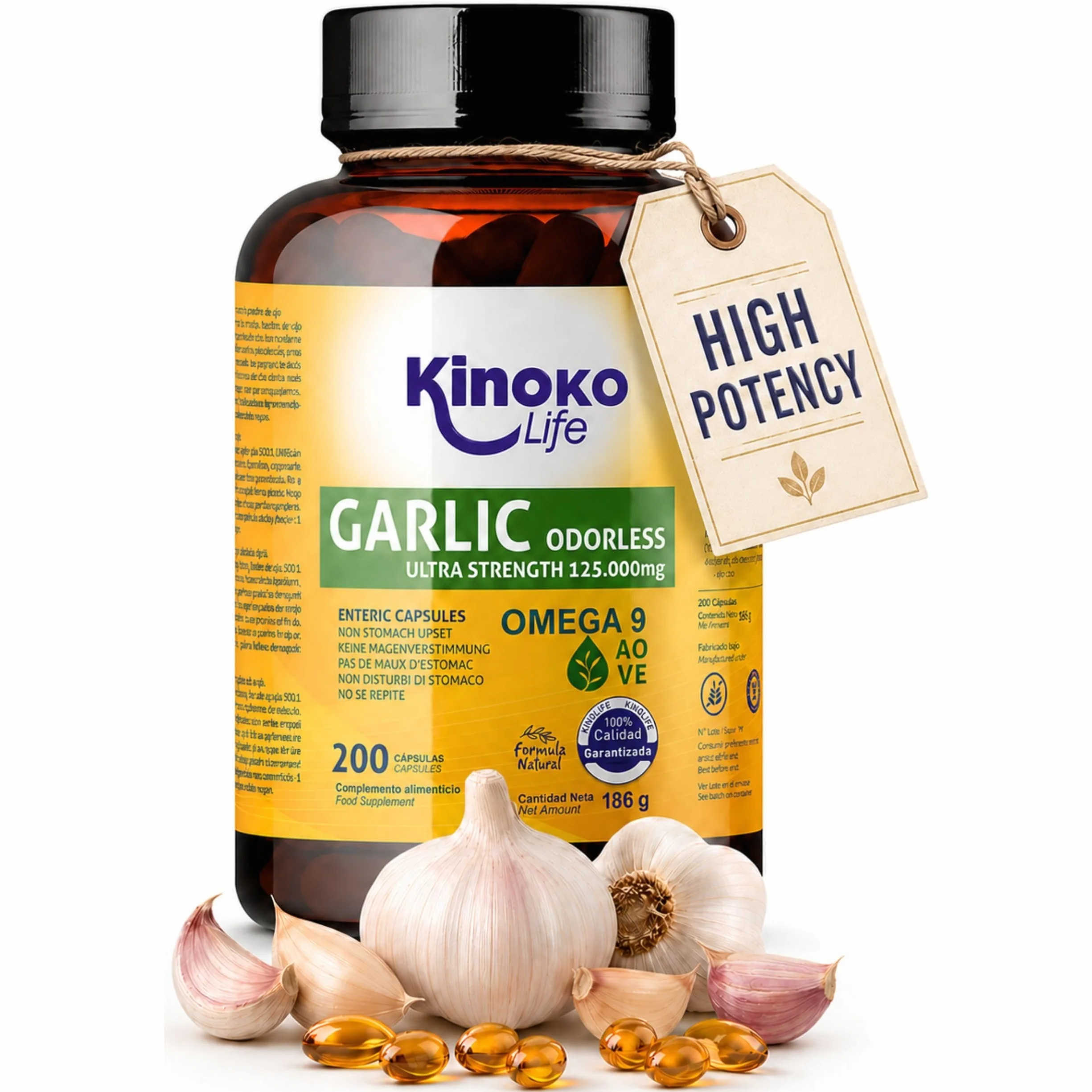Aglio Deodorato 500:1 (Allium sativum) – 250 mg per Capsula, 2500 mcg Alicina, Softgel con Rivestimento Enterico, Formula Inodore, con Olio di Oliva, 200 Capsule, Senza Glutine, Non OGM
