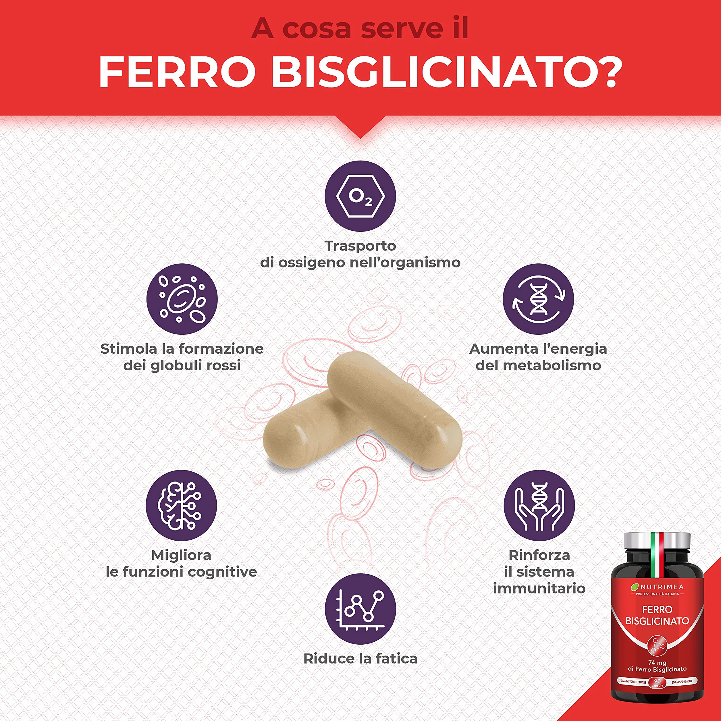 Ferro Bisglicinato | Integratore con Vitamina C | Per Stanchezza Fisica e Anemia | Elevata Tollerabilità Intestinale | Normale Funzione dei Glubuli Rossi e dell'Emoglobina | 90 Capsule