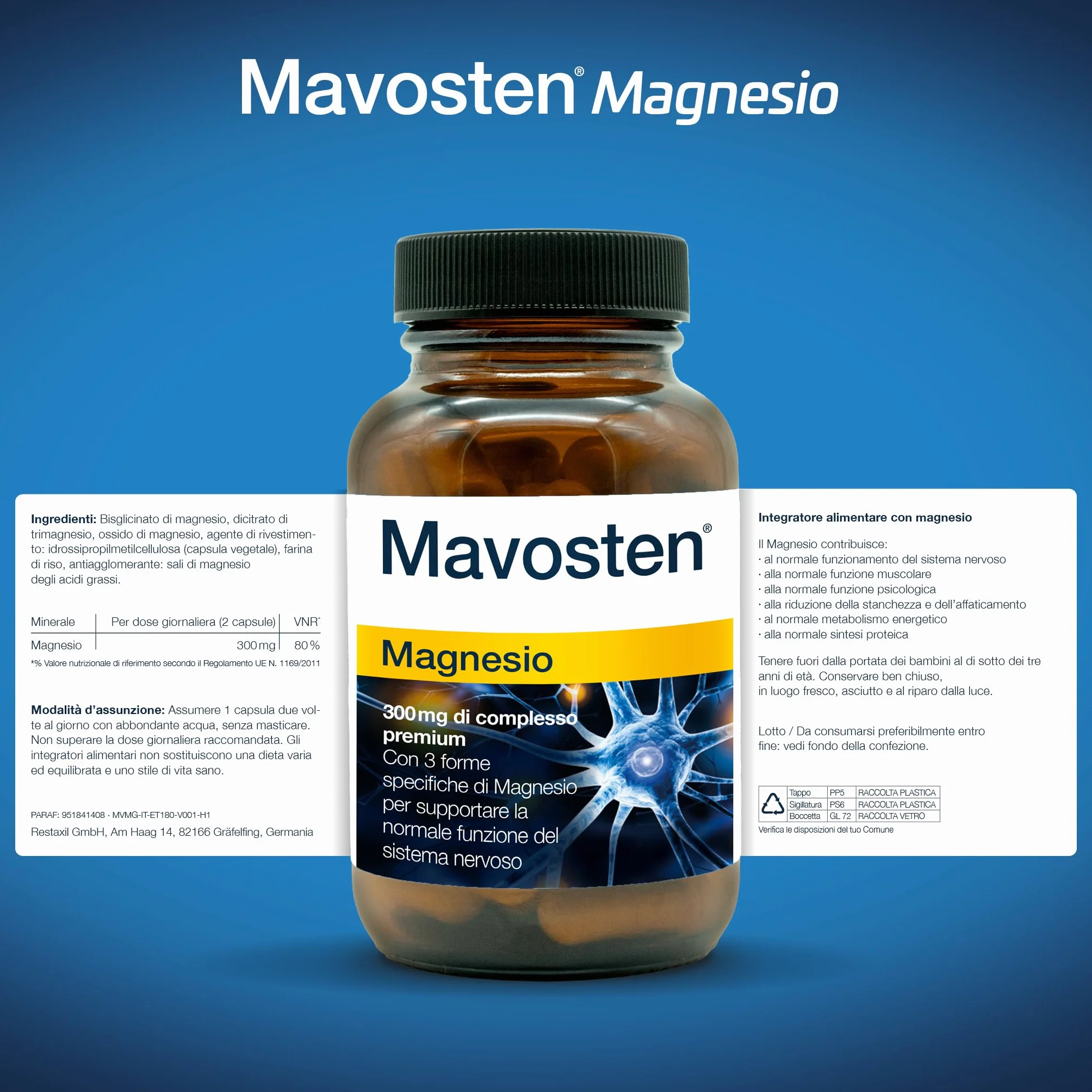 Mavosten® Magnesio [60 capsula] – complesso premium ad alto dosaggio con magnesio bisglicinato | elevata biodisponibilità | testato in laboratorio | vegano | dallo specialista del sistema nervoso