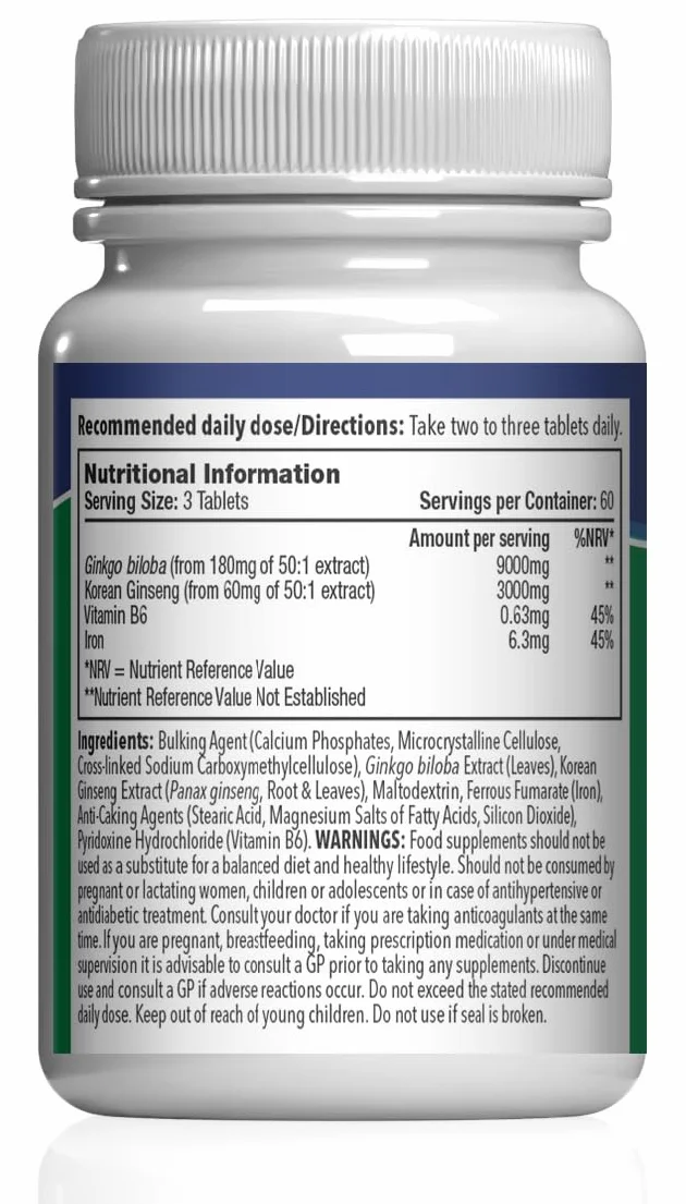 Ginkgo Biloba 3.000mg & Ginseng Coreano 1.000mg – Integratore Naturale ad Alta Potenza – 360 Compresse Vegane – Scorta per 4 Mesi – SimplySupplements