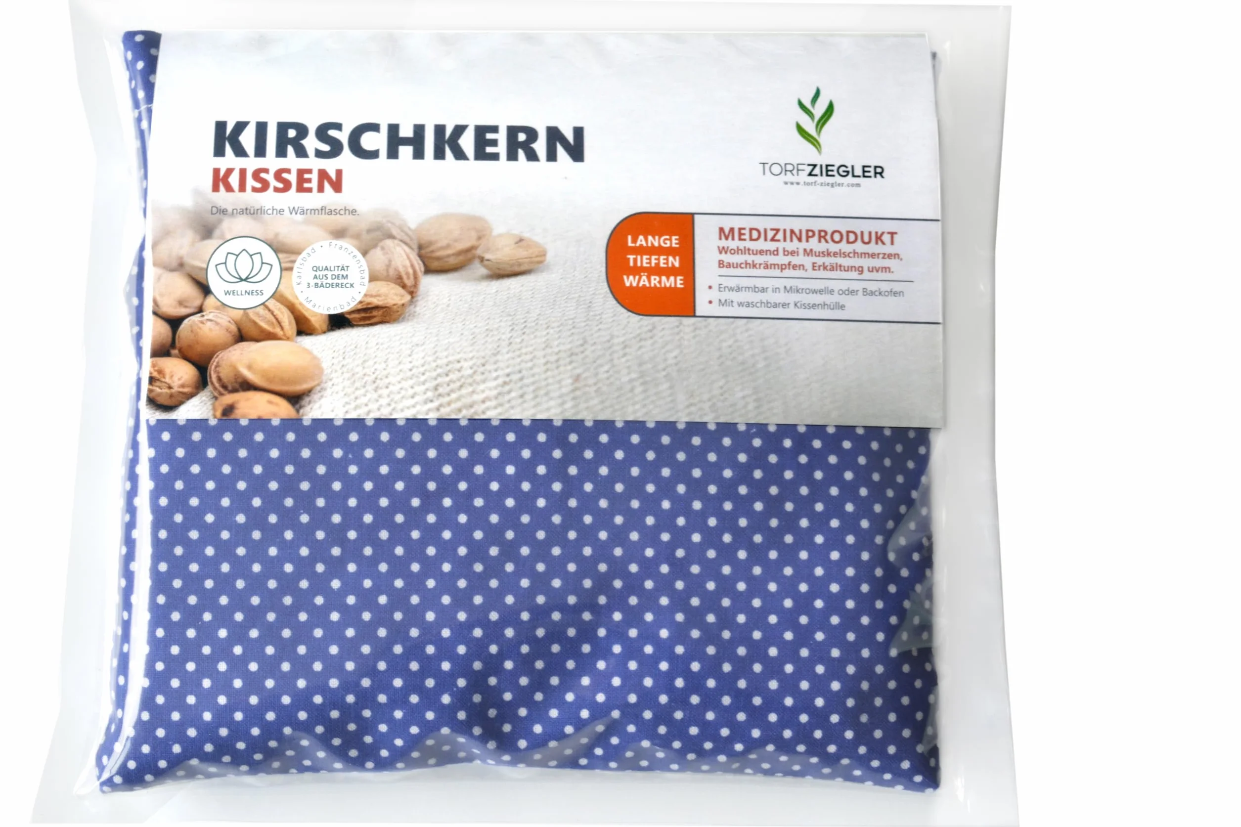 Cuscino termico ai noccioli di ciliegia 19×18 cm – dispositivo medico di classe I CE in cotone, applicazione caldo e freddo, blu con puntini bianchi
