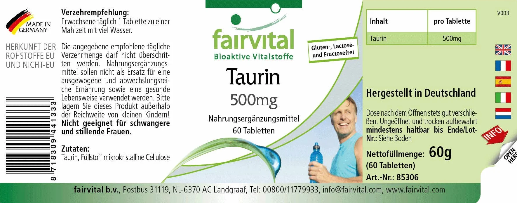 fairvital Taurina 500 mg, 60 compresse, ad alto dosaggio con 500 mg per compressa, VEGANO