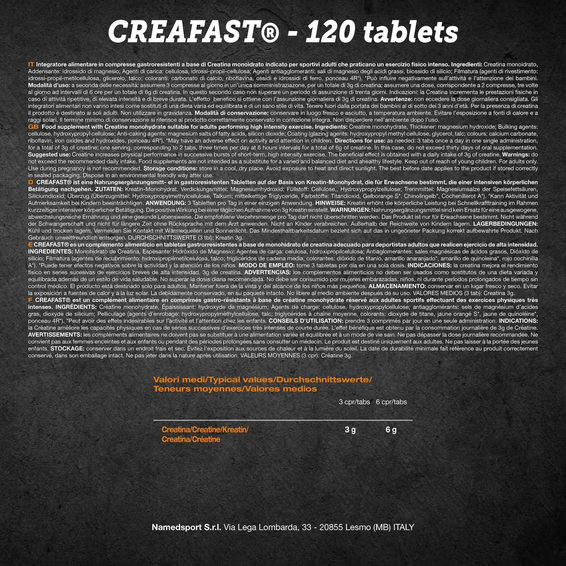 NAMEDSPORT Creafast 120 Compresse | Creatina Monoidrato per Performance e Recupero Muscolare | Integratore per Sportivi, Fitness e Bodybuilding | Pre e Post Workout