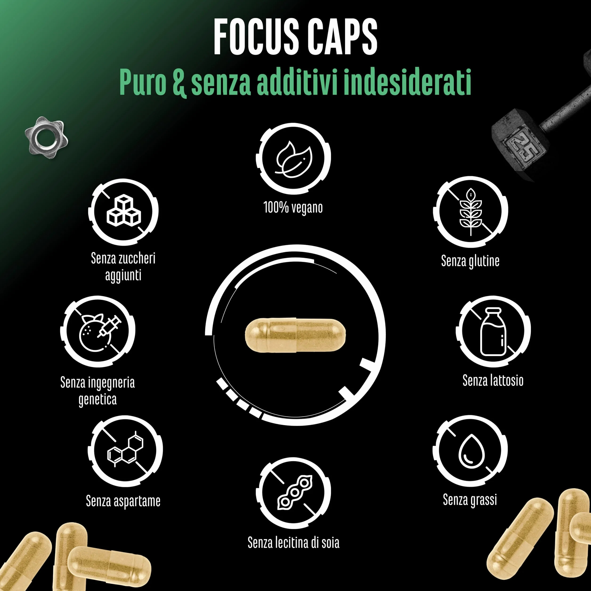 Focus Caps - 120 capsule - Miscela per le prestazioni mentali con L-Teanina, Tè verde, Guaranà, estratto di Citrus Aurantium, Caffeina, D-Glucuronolattone - ad alto dosaggio, vegan