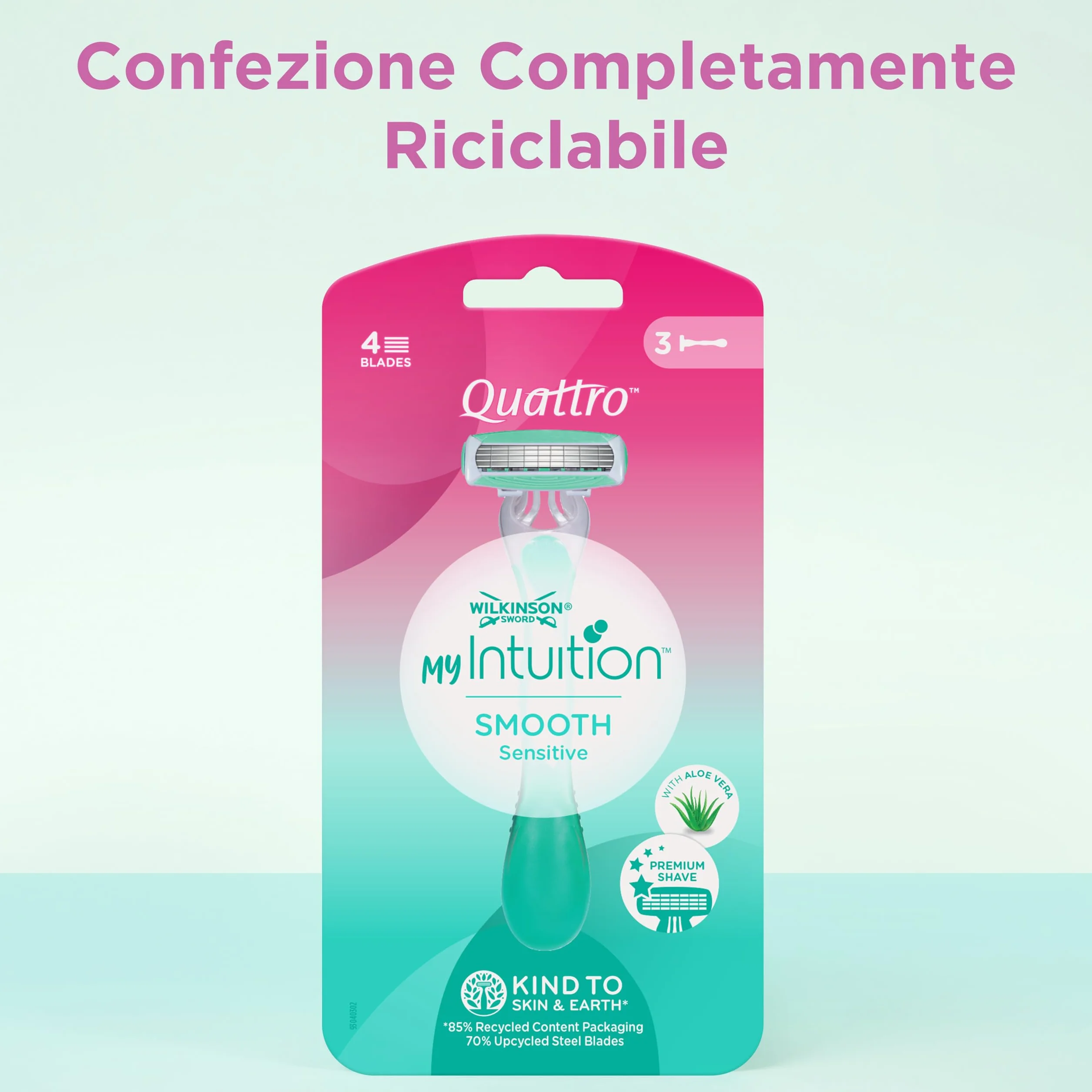 Wilkinson Sword MyIntuition Smooth Sensitive Quattro Rasoio Usa & Getta 4 Lame Donna 2 Strisce Lubrificanti Aloe Vera Vitamina E Confezione 3+1