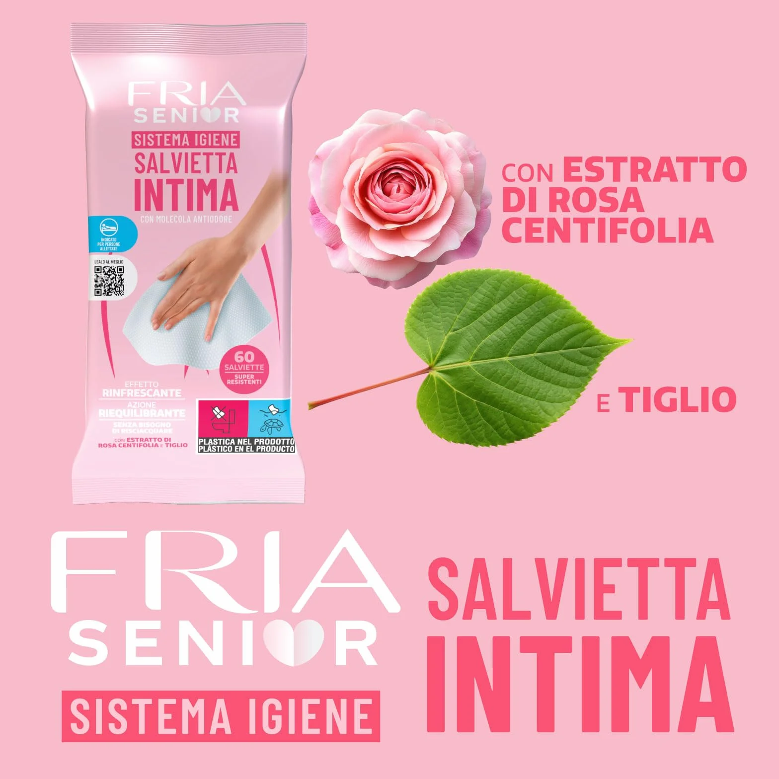 Salviette per l’Igiene Intima degli Anziani - con Estratti di Rosa Centifolia e Tiglio - Azione Riequilibrante - Antiodore - Formato: 60 Salviette - FRIA Senior (Confezione da 4)