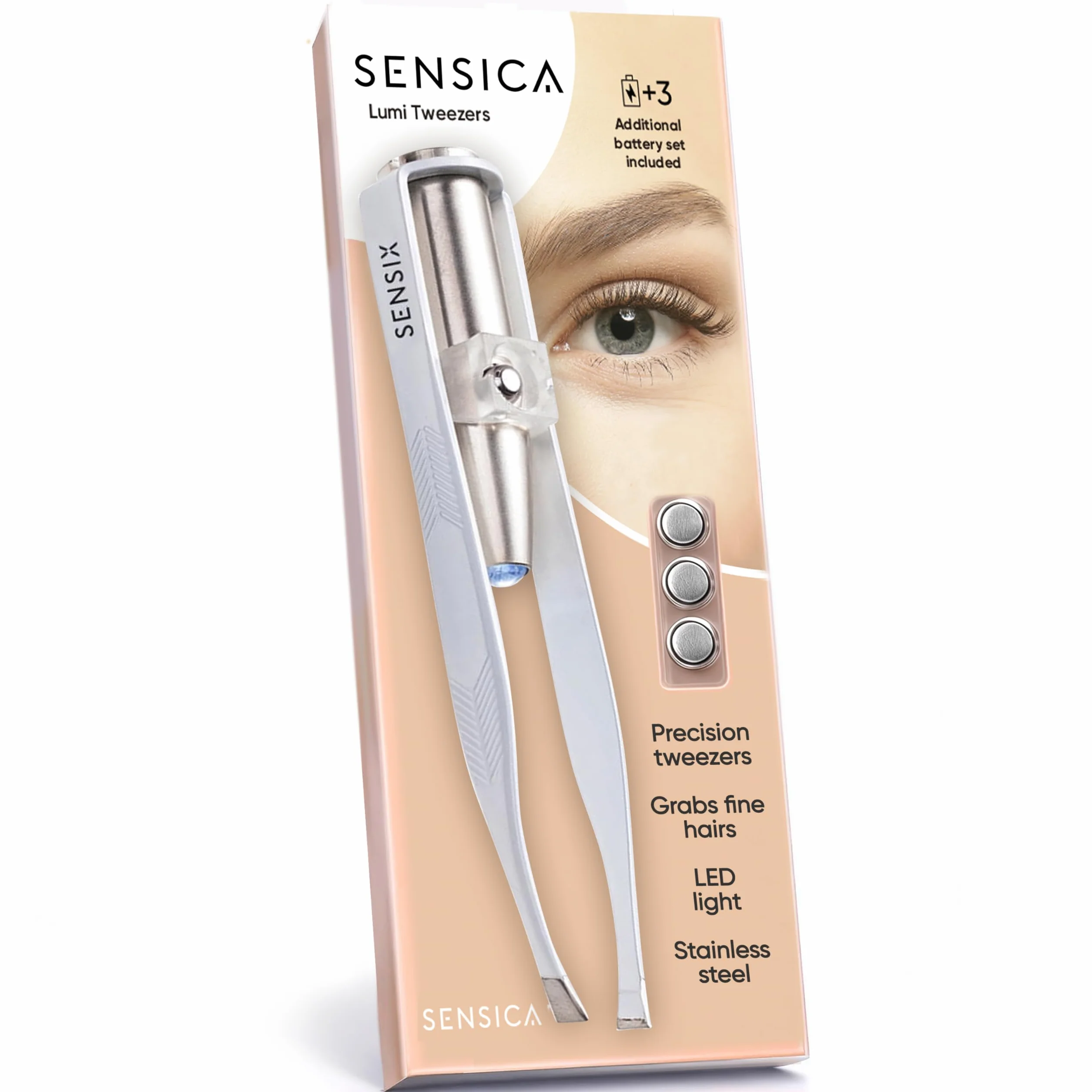 Sensica Pinzette Sopracciglia con Luce LED Professionali – Pinzette di Alta Precisione a Punta Obliqua in Acciaio Inox, Pinzette Luminose per Peli Incarniti e Viso, Idea Regalo Donna