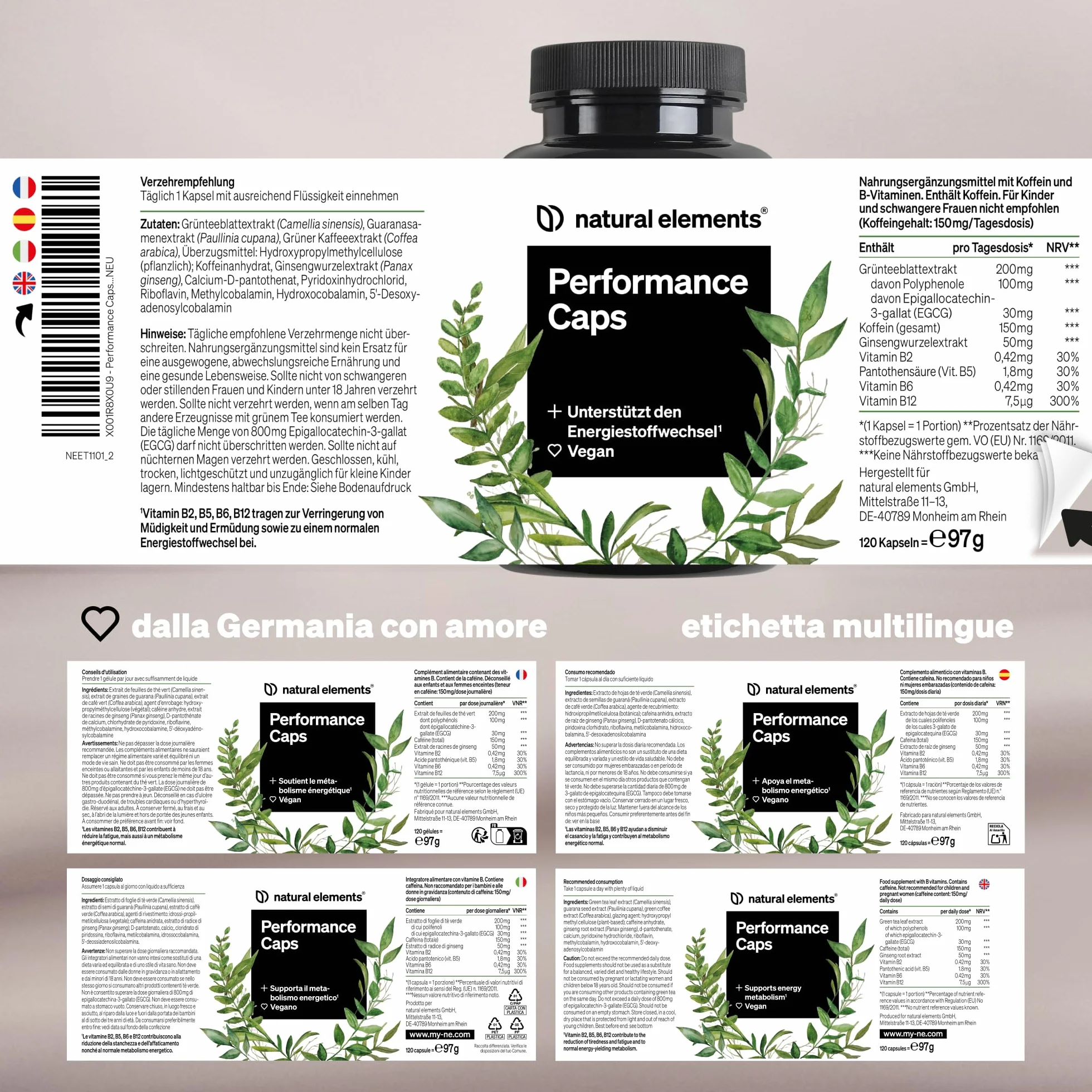 Performance Caps 120 capsule caffeina tè verde guarana chicchi verdi caffè vitamine B vegane alto dosaggio