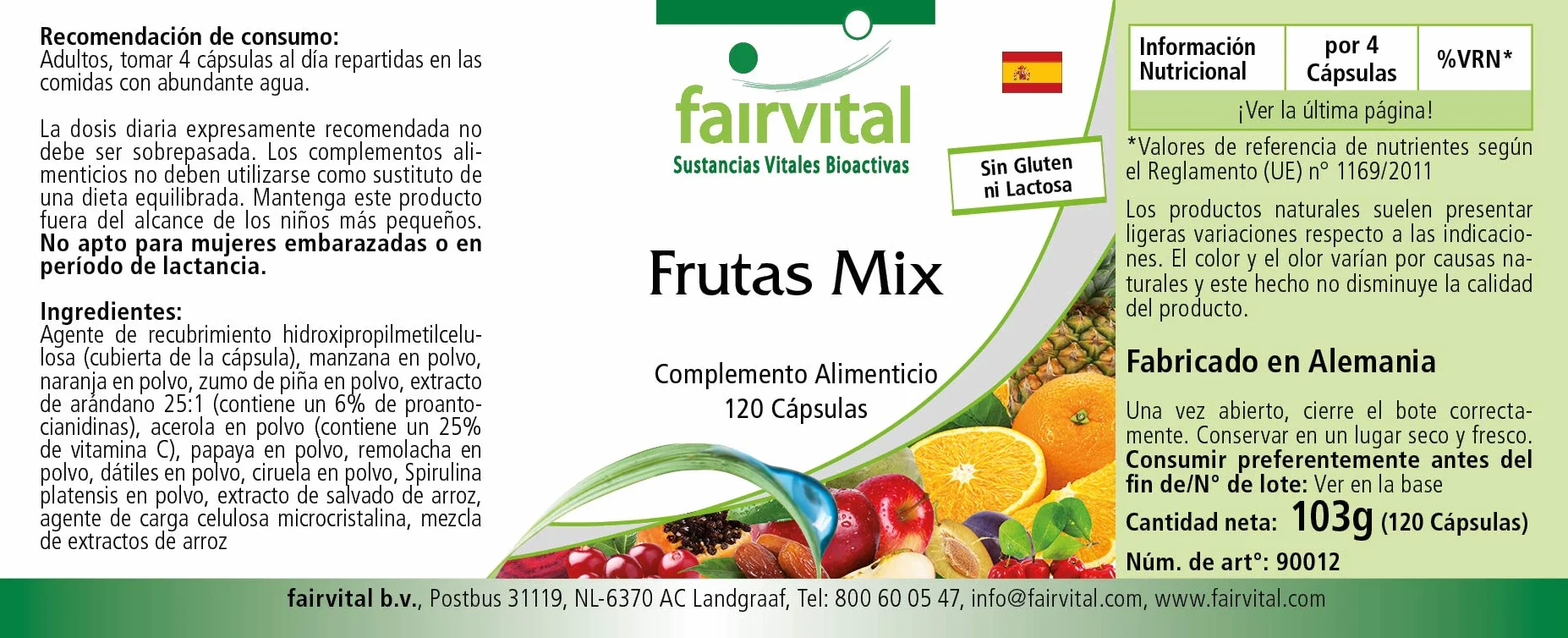 Fairvital Mix di Frutta, 120 capsule, Vegano, Polvere Multivitaminica Naturale con Estratto di Mirtillo Rosso, Acerola, Spirulina